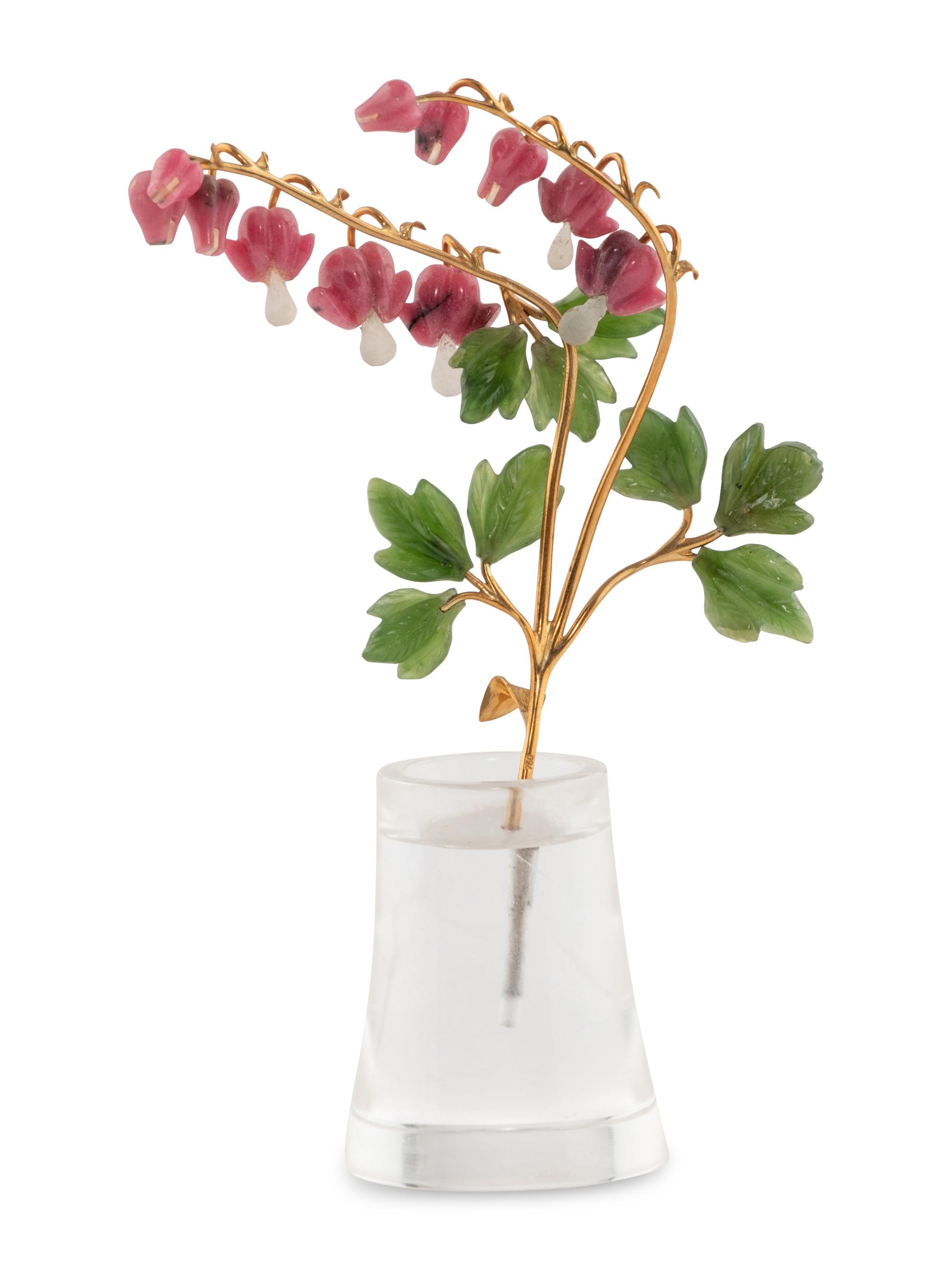 A Carved Rock Crystal, Rhodonite, Nephrite and 18-Karat Gold Bleeding Heart Flower Study