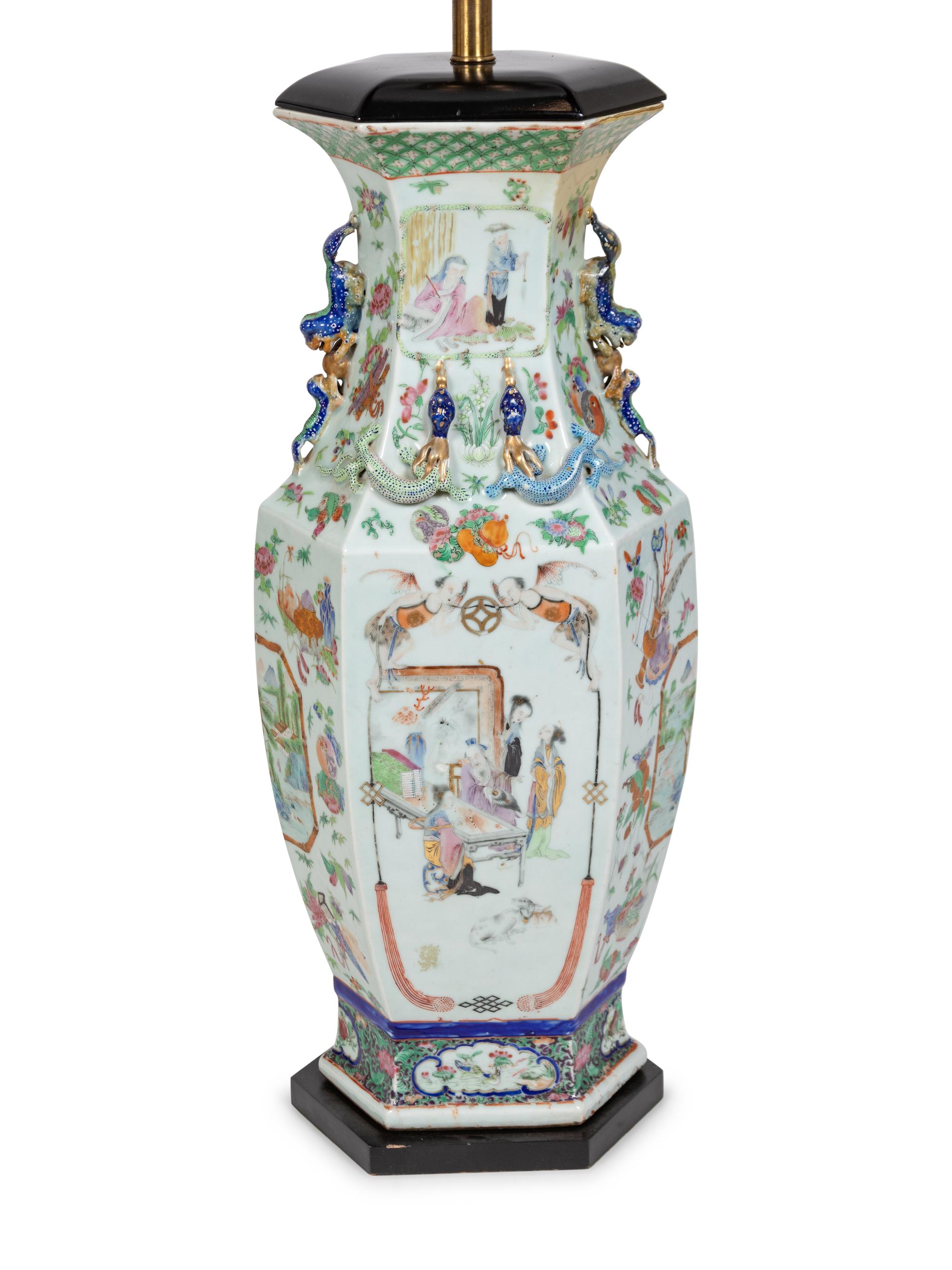 A Pair of Chinese Famille Rose Porcelain Vases Mounted as Lamps