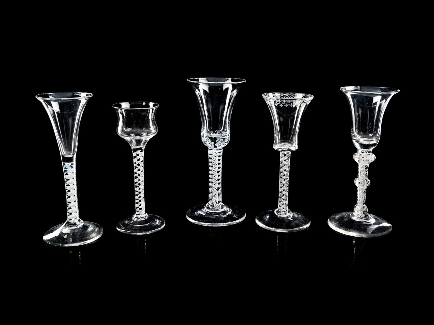 A Group of Five English Opaque Twist Wine Glasses