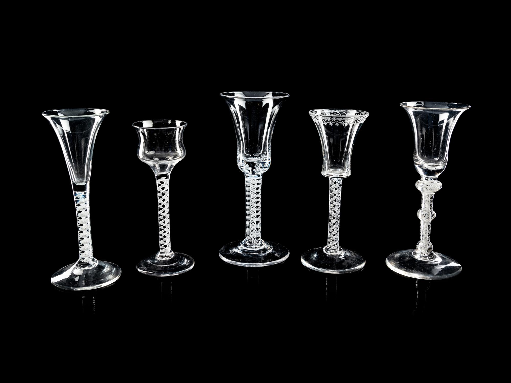 A Group of Five English Opaque Twist Wine Glasses