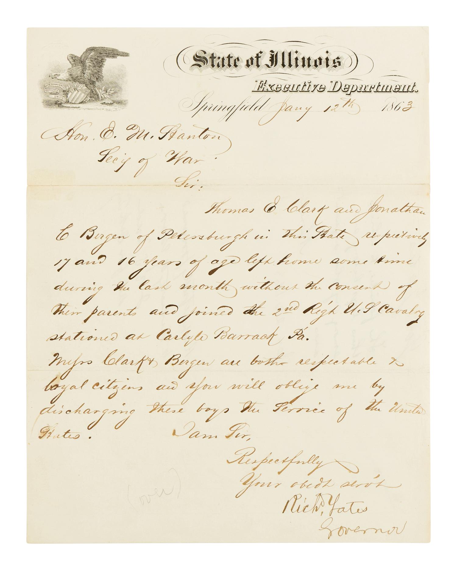 LINCOLN, Abraham (1809-1865). Autograph endorsement, signed ("A. Lincoln"), to Secretary of War, Edwin M. Stanton, Washington, D.C., 22 January 1863.