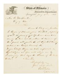 LINCOLN, Abraham (1809-1865). Autograph endorsement, signed ("A. Lincoln"), to Secretary of War, Edwin M. Stanton, Washington, D.C., 22 January 1863.