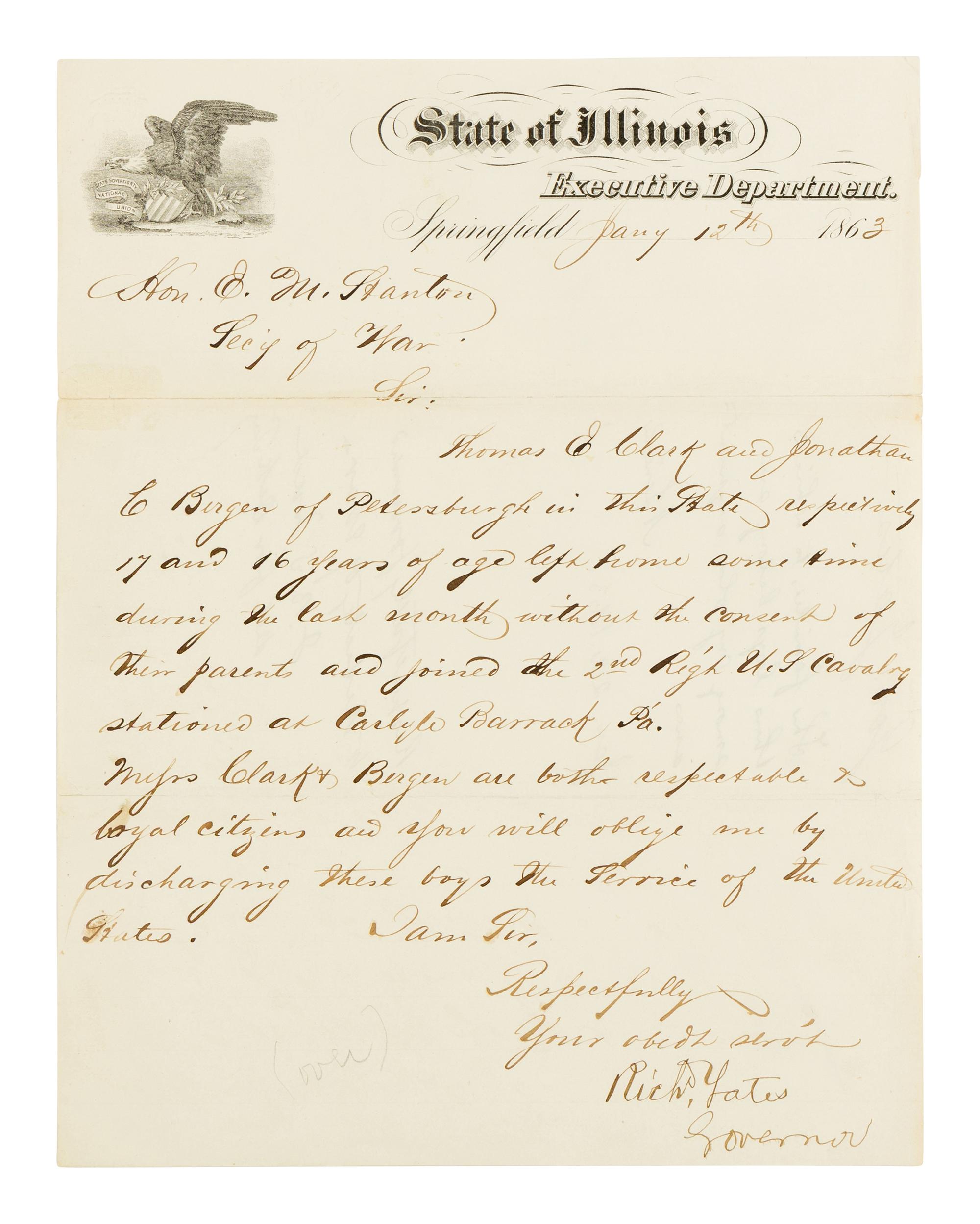 LINCOLN, Abraham (1809-1865). Autograph endorsement, signed ("A. Lincoln"), to Secretary of War, Edwin M. Stanton, Washington, D.C., 22 January 1863.