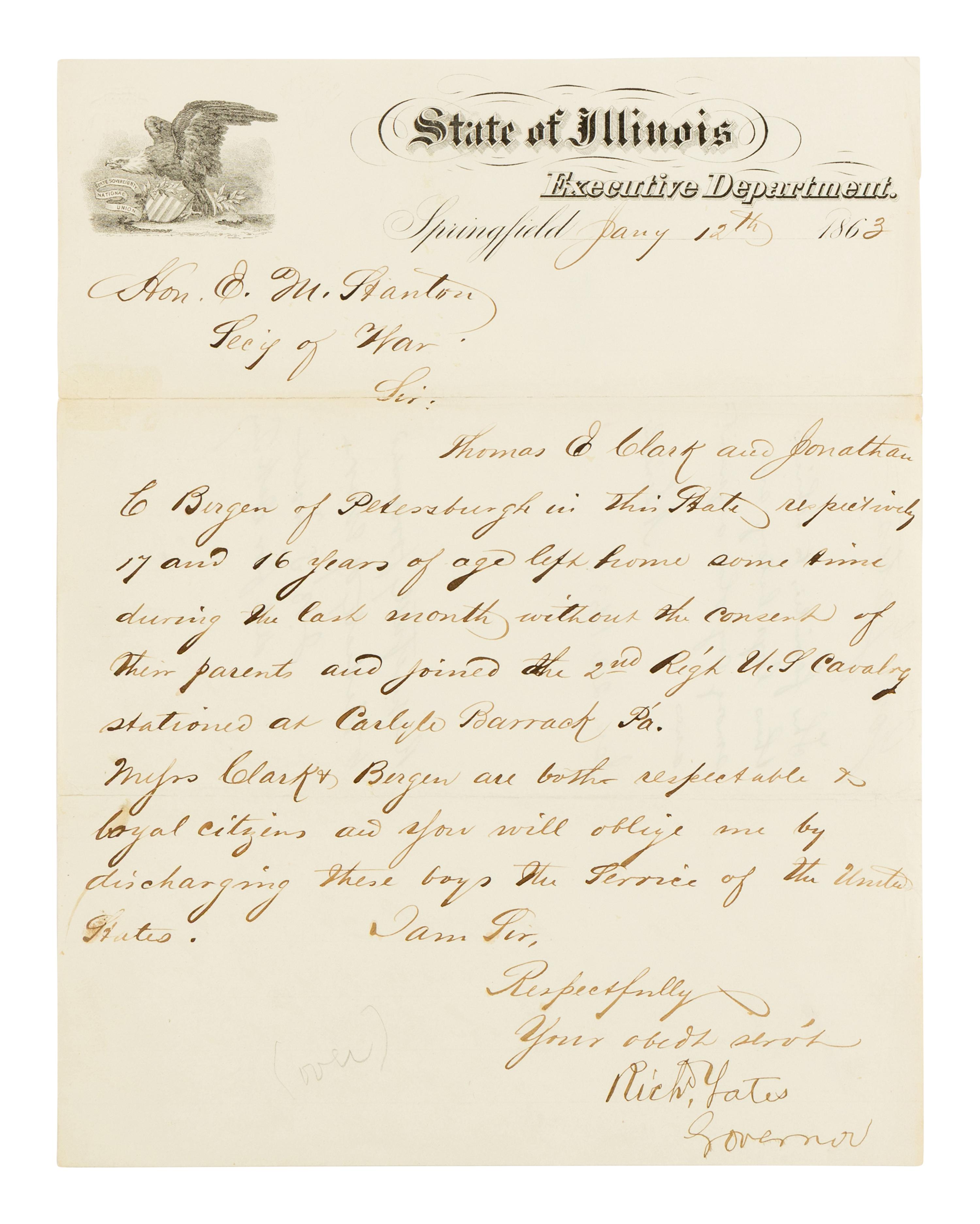 LINCOLN, Abraham (1809-1865). Autograph endorsement, signed ("A. Lincoln"), to Secretary of War, Edwin M. Stanton, Washington, D.C., 22 January 1863.