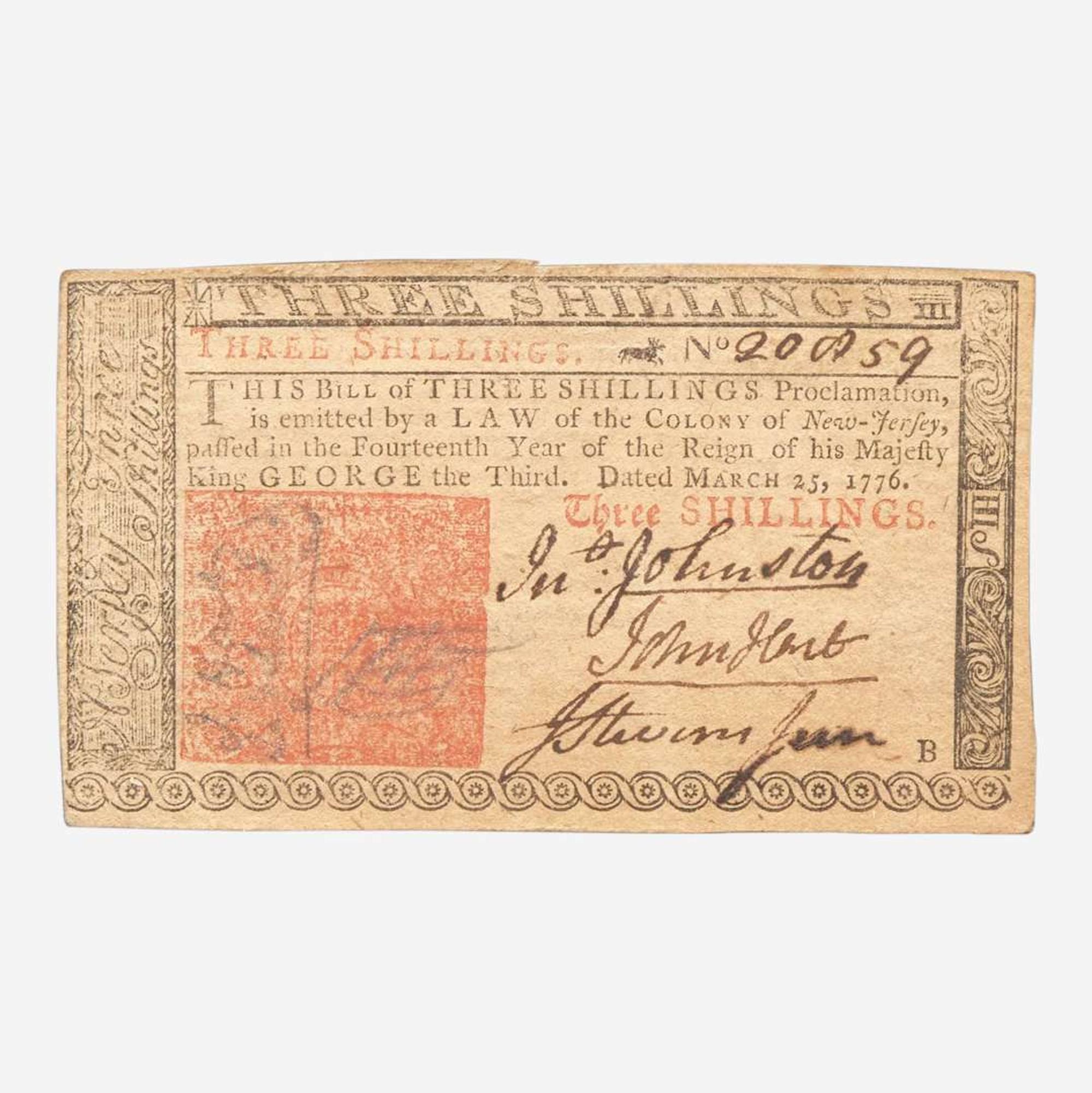 [Declaration of Independence] [New Jersey] Hart, John Colonial Currency Note, signed
