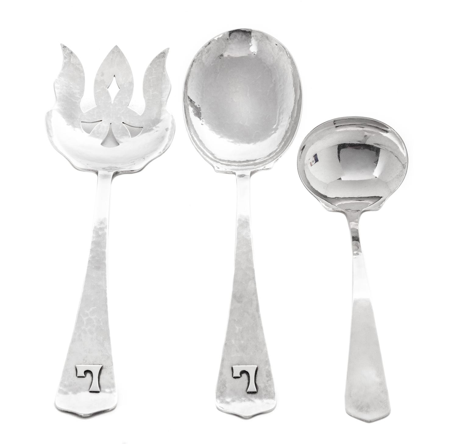 An American Silver Salad Serving Set, Redlich & Co., Chicago, IL, with applied "L" monograms and hammered surfaces, together with a sil