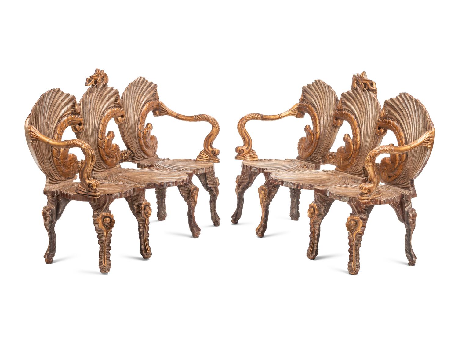 A Pair of Italian Grotto Style Gilt and Silvered Wood Benches