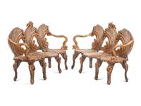 A Pair of Italian Grotto Style Gilt and Silvered Wood Benches