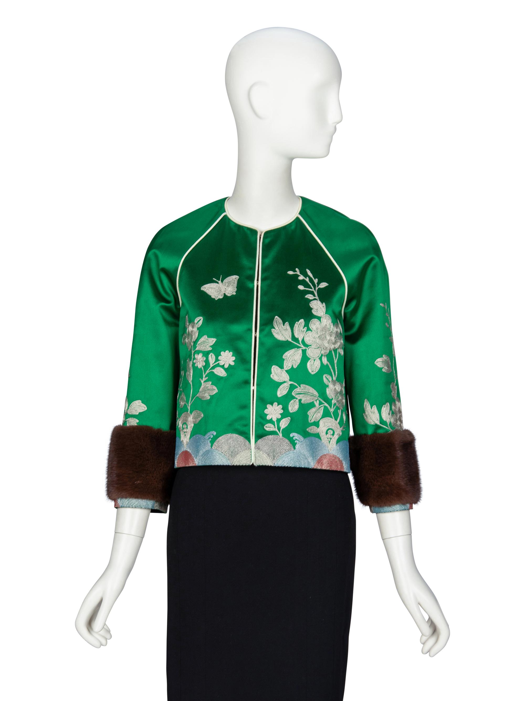 GUCCI, FUR-TRIMMED SILK JACKET