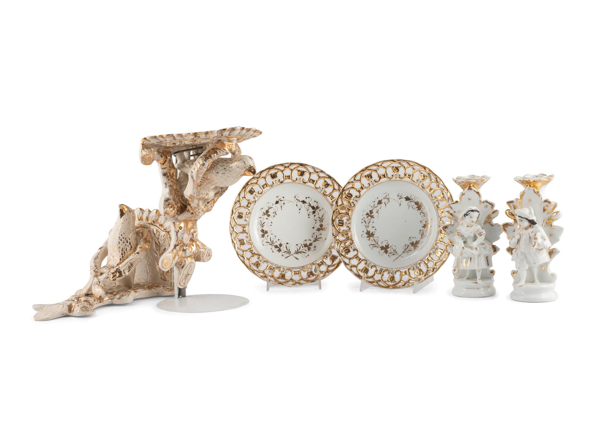 A Group of Continental Parcel Gilt Porcelain Articles