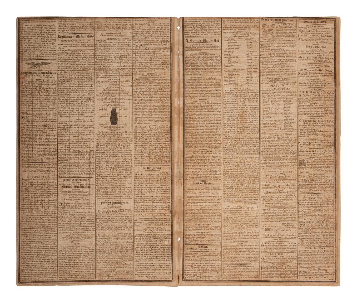 [WASHINGTON, George (1732-1799)]. J. Russell’s Gazette. Vol. VII, Nos. 39-40. Boston, MA: James Cutler, 16 and 20 January 1800. Funeral Oration on the death of George Washington published in 2 consecutive issues.