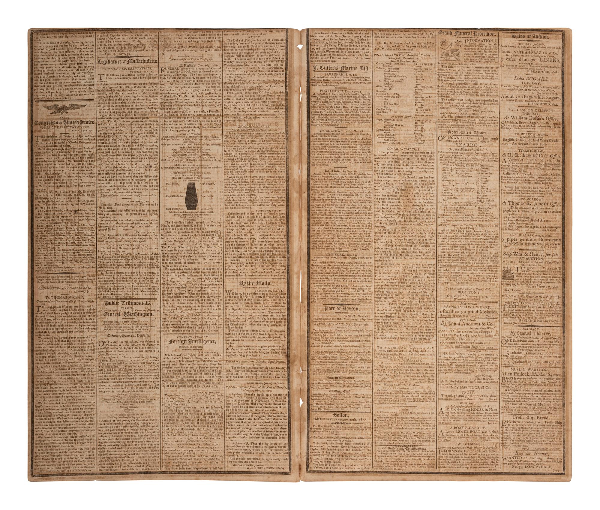 [WASHINGTON, George (1732-1799)]. J. Russell’s Gazette. Vol. VII, Nos. 39-40. Boston, MA: James Cutler, 16 and 20 January 1800. Funeral Oration on the death of George Washington published in 2 consecutive issues.