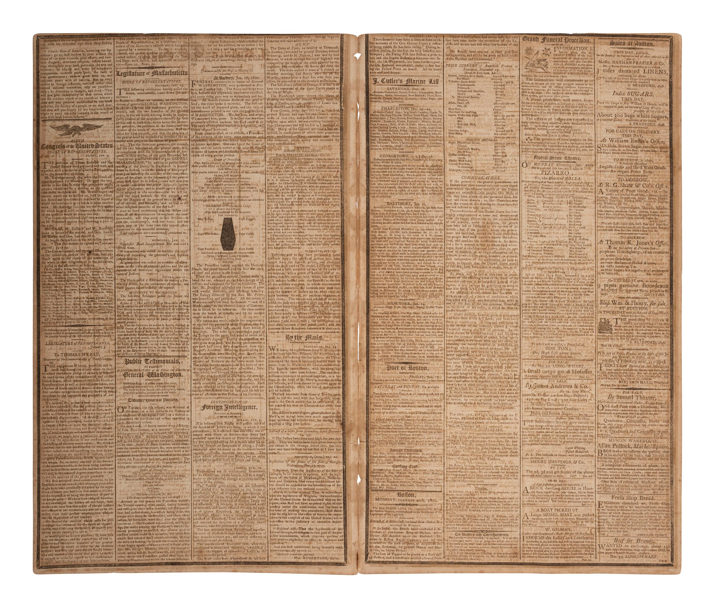 [WASHINGTON, George (1732-1799)]. J. Russell’s Gazette. Vol. VII, Nos. 39-40. Boston, MA: James Cutler, 16 and 20 January 1800. Funeral Oration on the death of George Washington published in 2 consecutive issues.