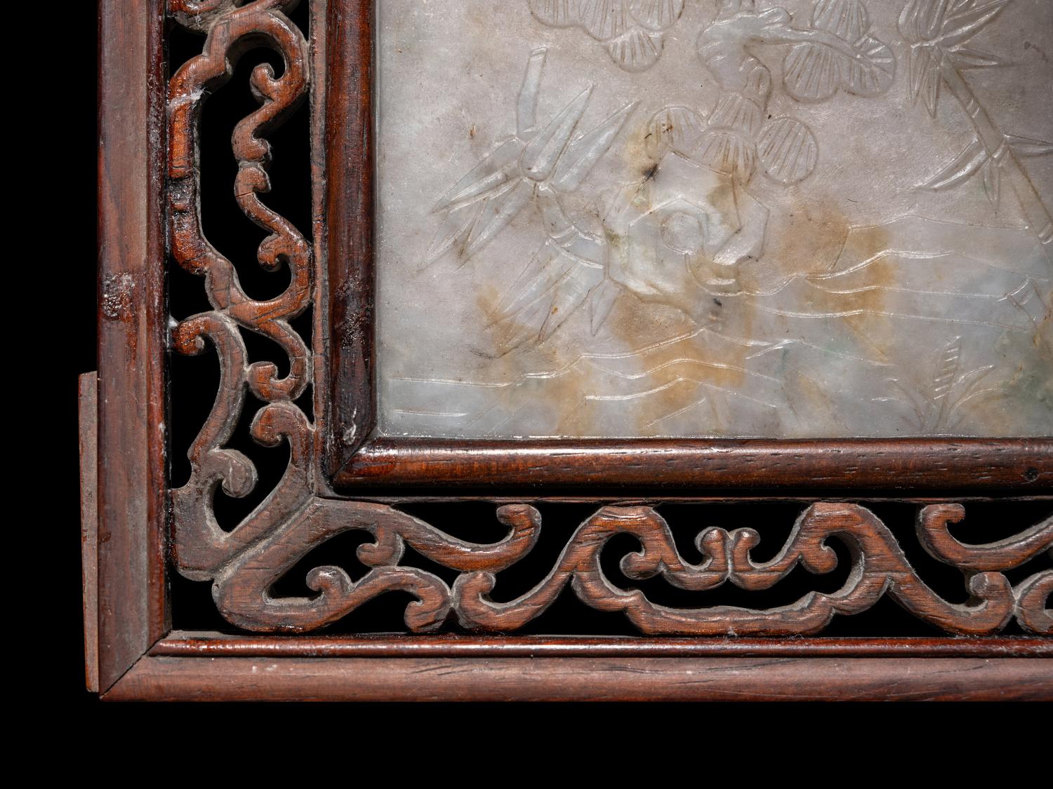 A Chinese Greyish White Jade Inset Hardwood Mounted Panel