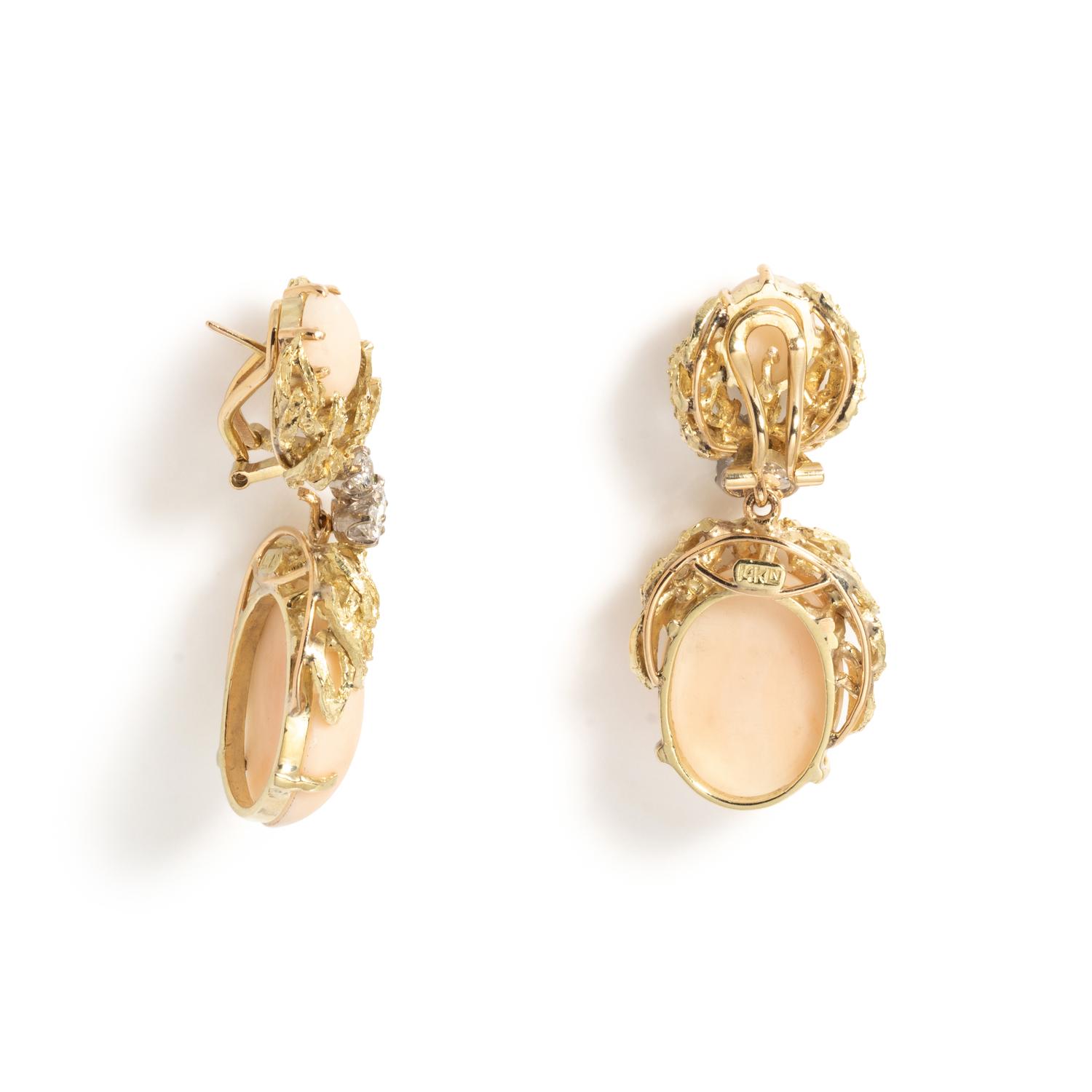 CONVERTIBLE YELLOW GOLD, ANGEL SKIN CORAL AND DIAMOND EARCLIPS