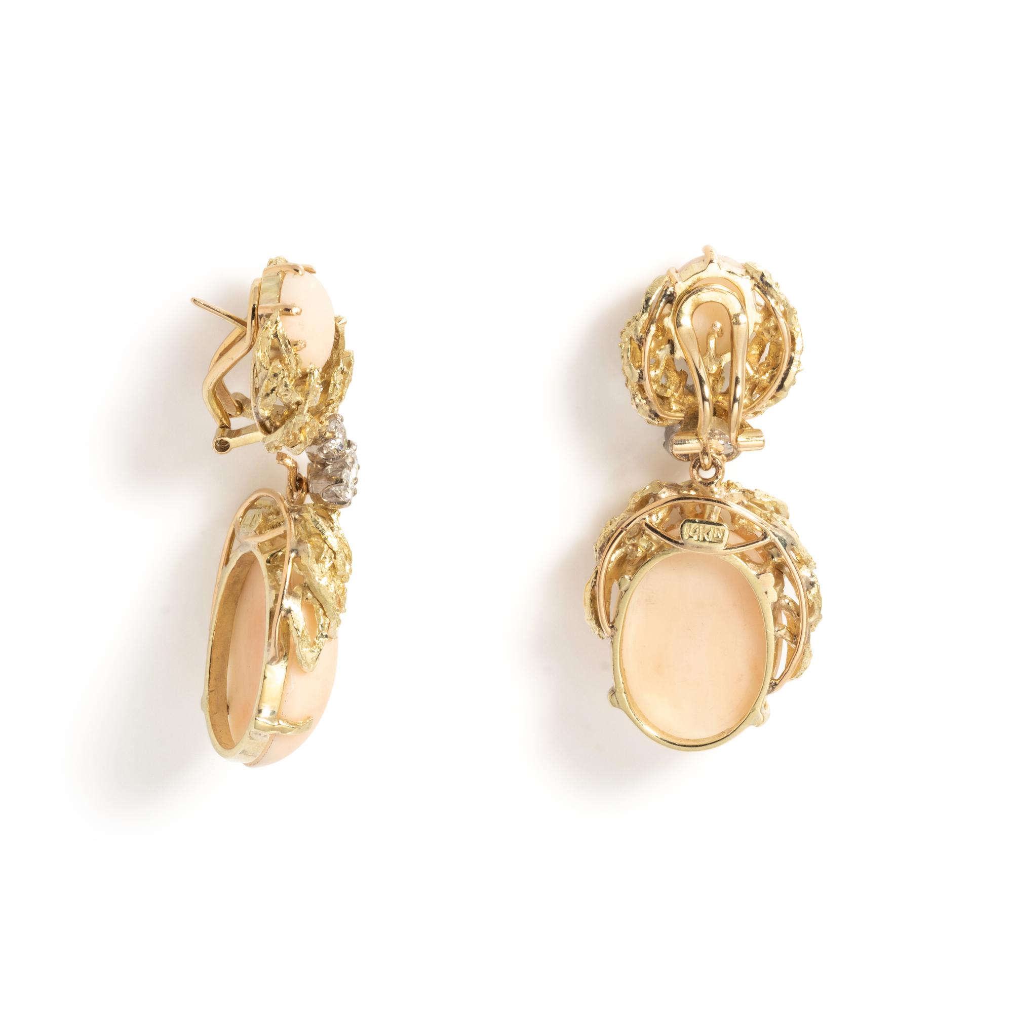CONVERTIBLE YELLOW GOLD, ANGEL SKIN CORAL AND DIAMOND EARCLIPS