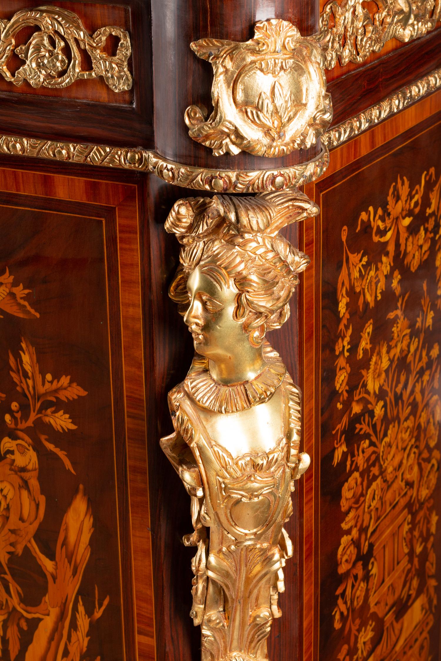 A Louis XV Style Gilt Bronze Mounted Marquetry Marble-Top Cabinet