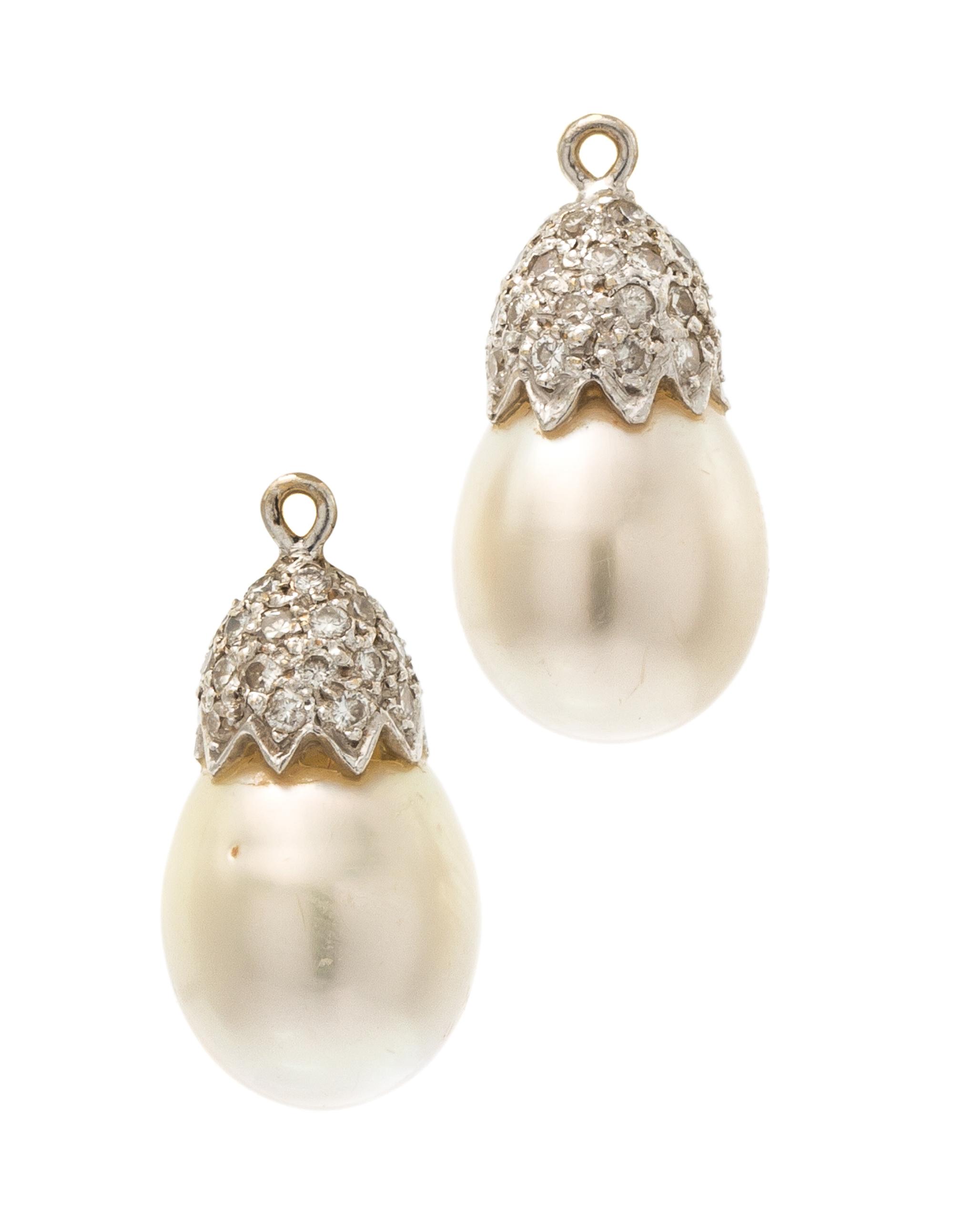A Pair of White Gold, Cultured Pearl and Diamond Earring Pendants, 4.80 dwts.