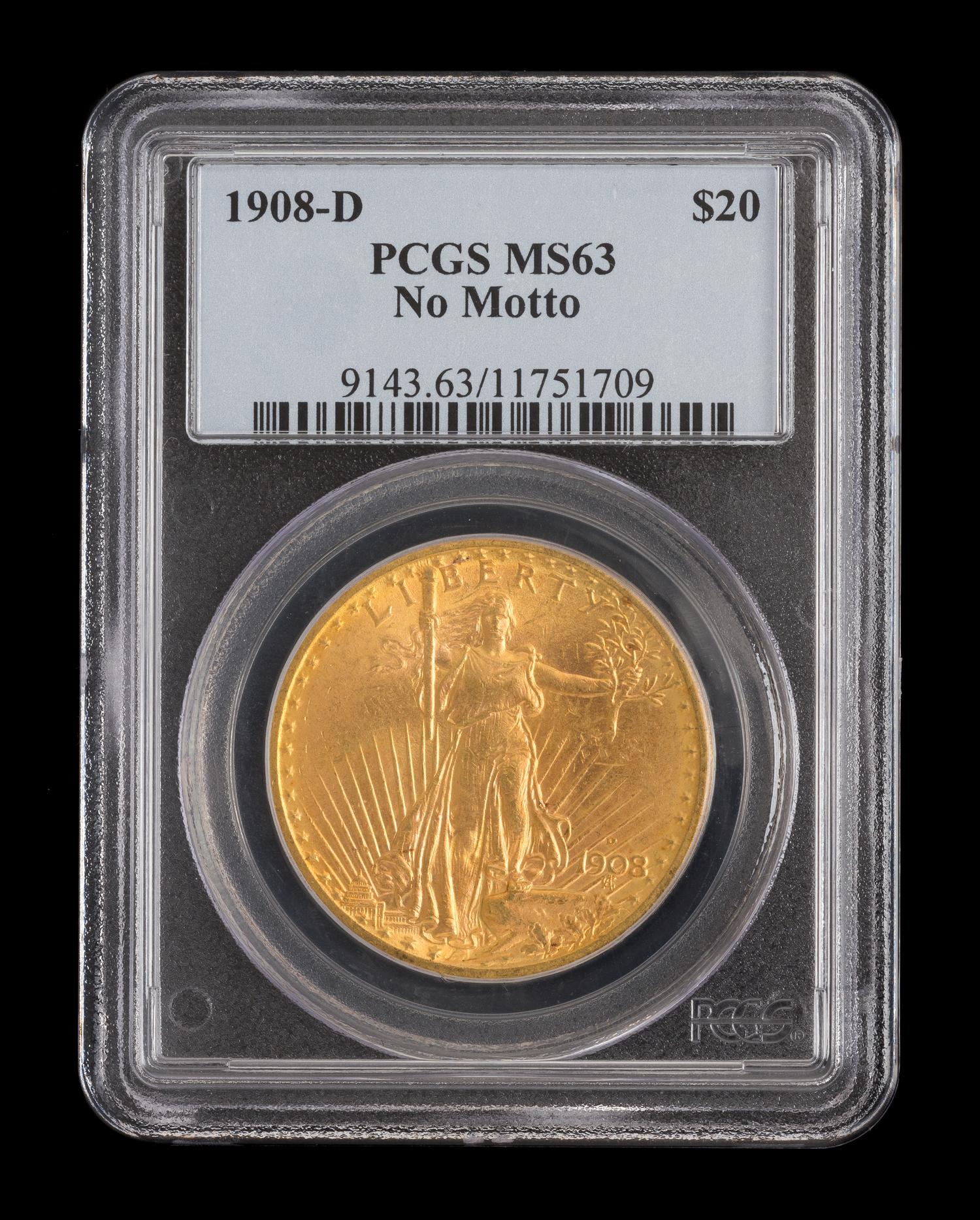 A United States 1908-D Saint-Gaudens: No Motto $20 Gold Coin