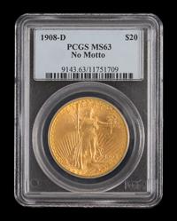 A United States 1908-D Saint-Gaudens: No Motto $20 Gold Coin