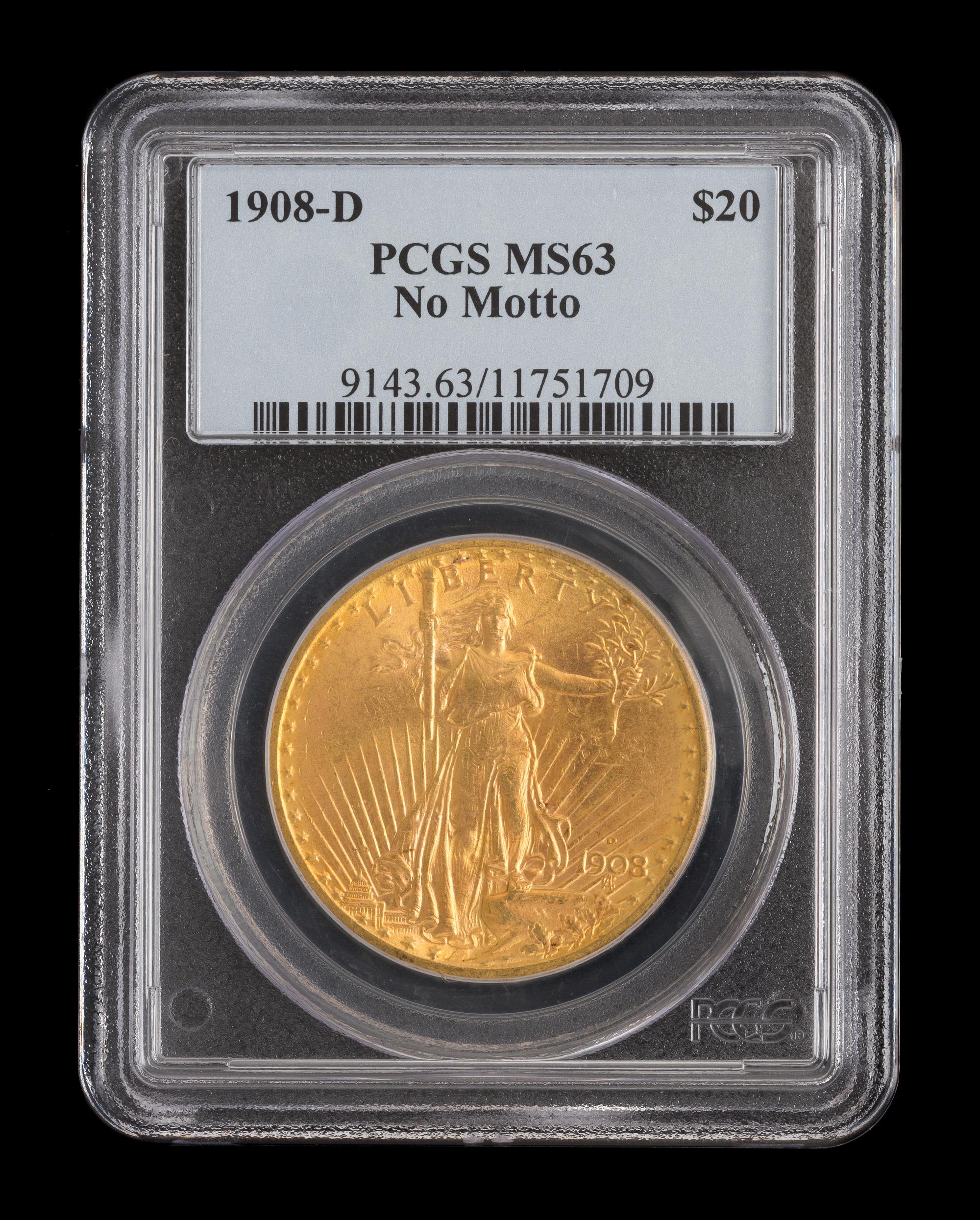 A United States 1908-D Saint-Gaudens: No Motto $20 Gold Coin