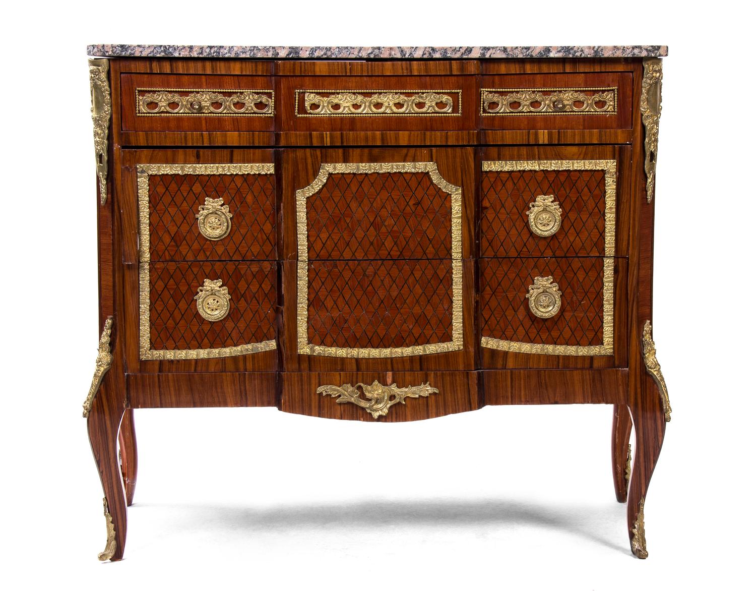 A Louis XV Style Gilt Metal Mounted Parquetry Commode, Height 34 x width 38 x depth 18 inches.