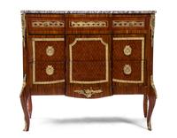 A Louis XV Style Gilt Metal Mounted Parquetry Commode, Height 34 x width 38 x depth 18 inches.