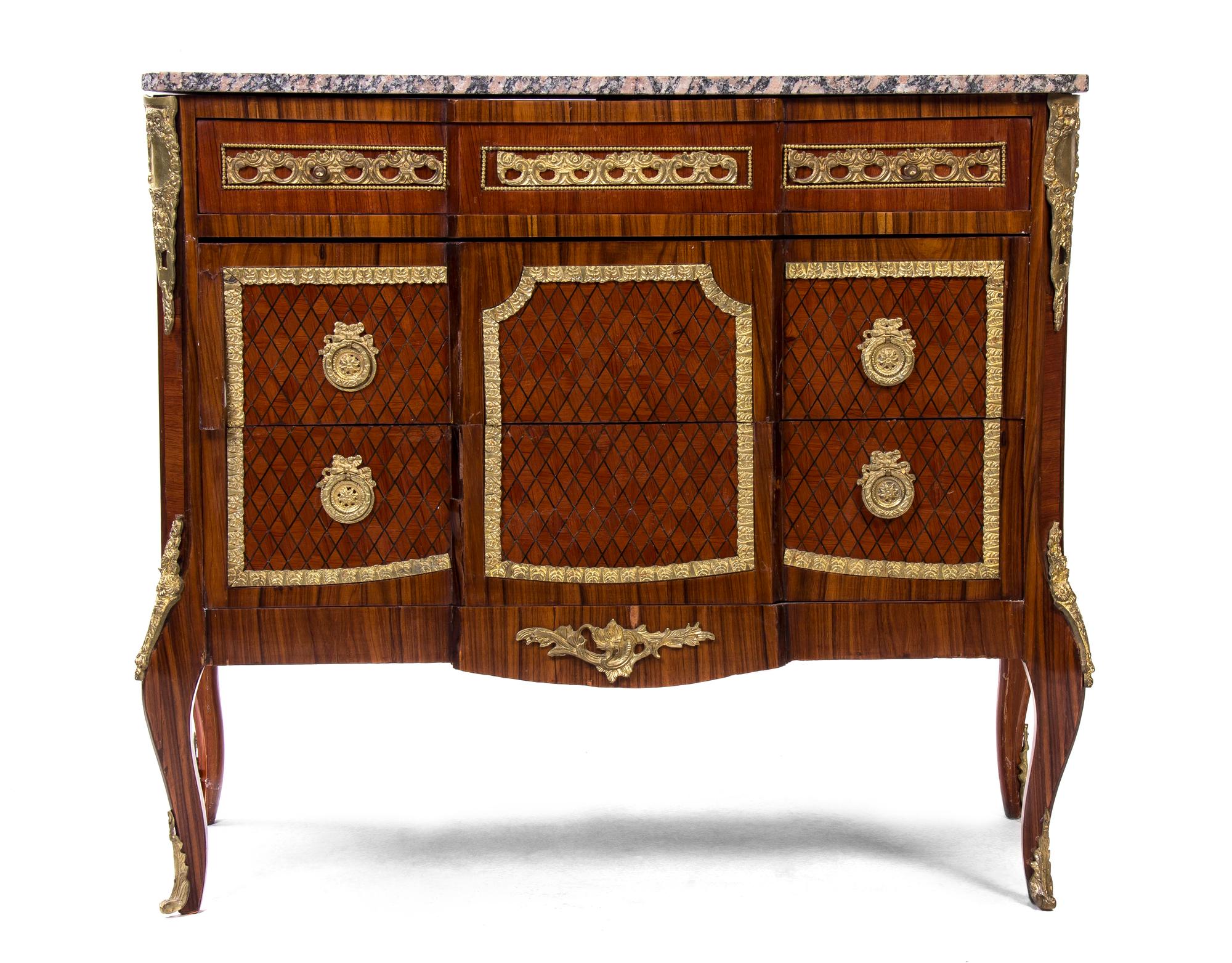 A Louis XV Style Gilt Metal Mounted Parquetry Commode, Height 34 x width 38 x depth 18 inches.