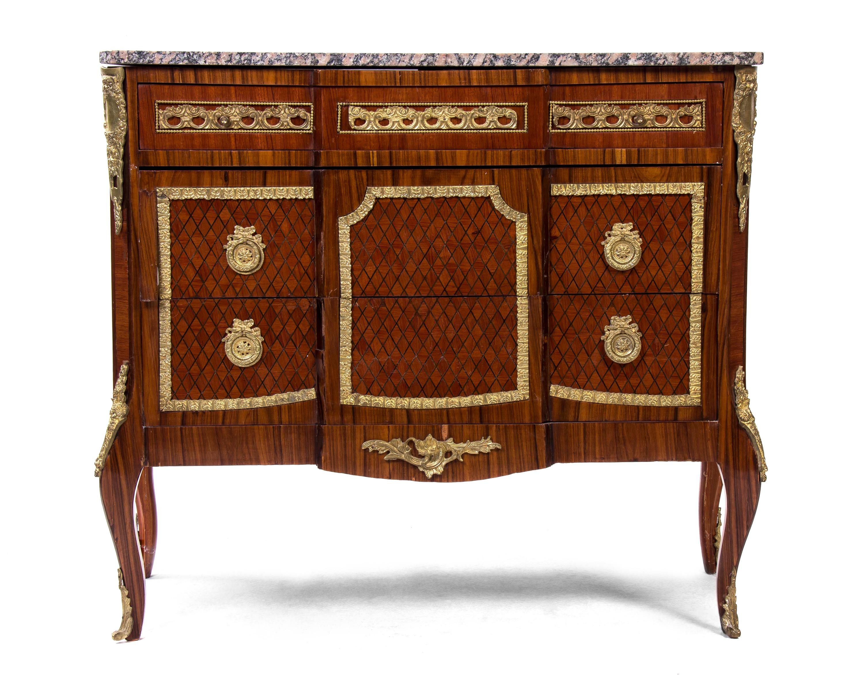 A Louis XV Style Gilt Metal Mounted Parquetry Commode, Height 34 x width 38 x depth 18 inches.