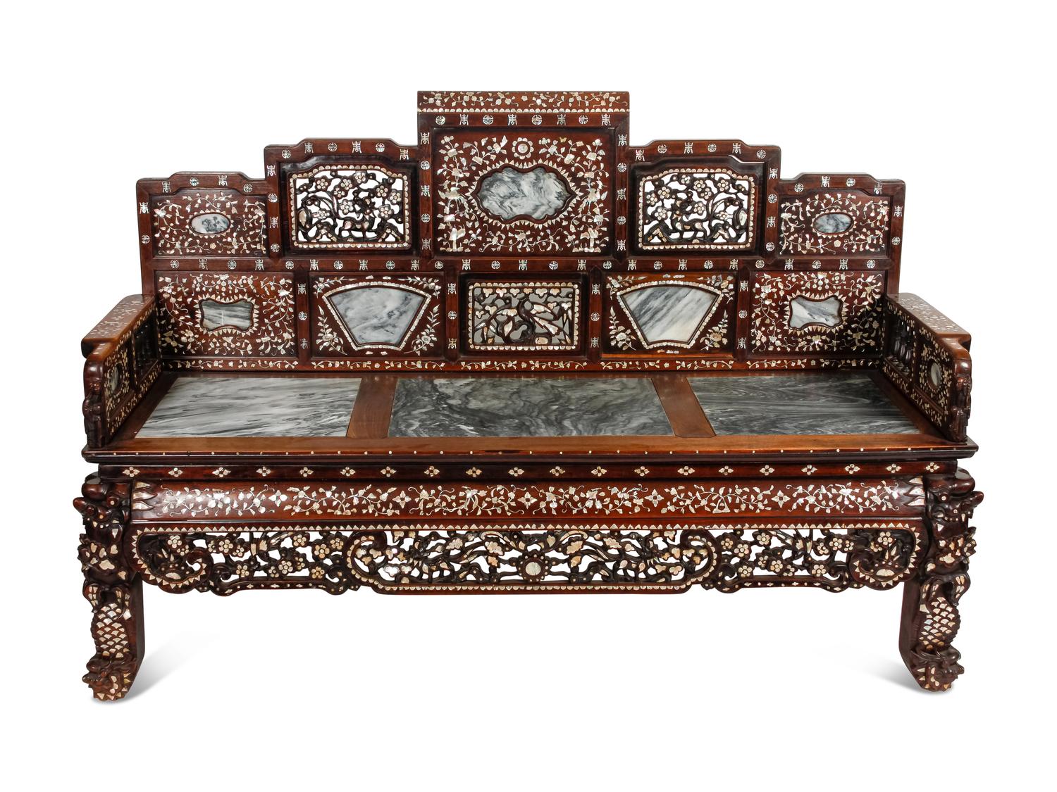 A Chinese Mother-of-Pearl Inlaid Rosewood Settee and a Low Table