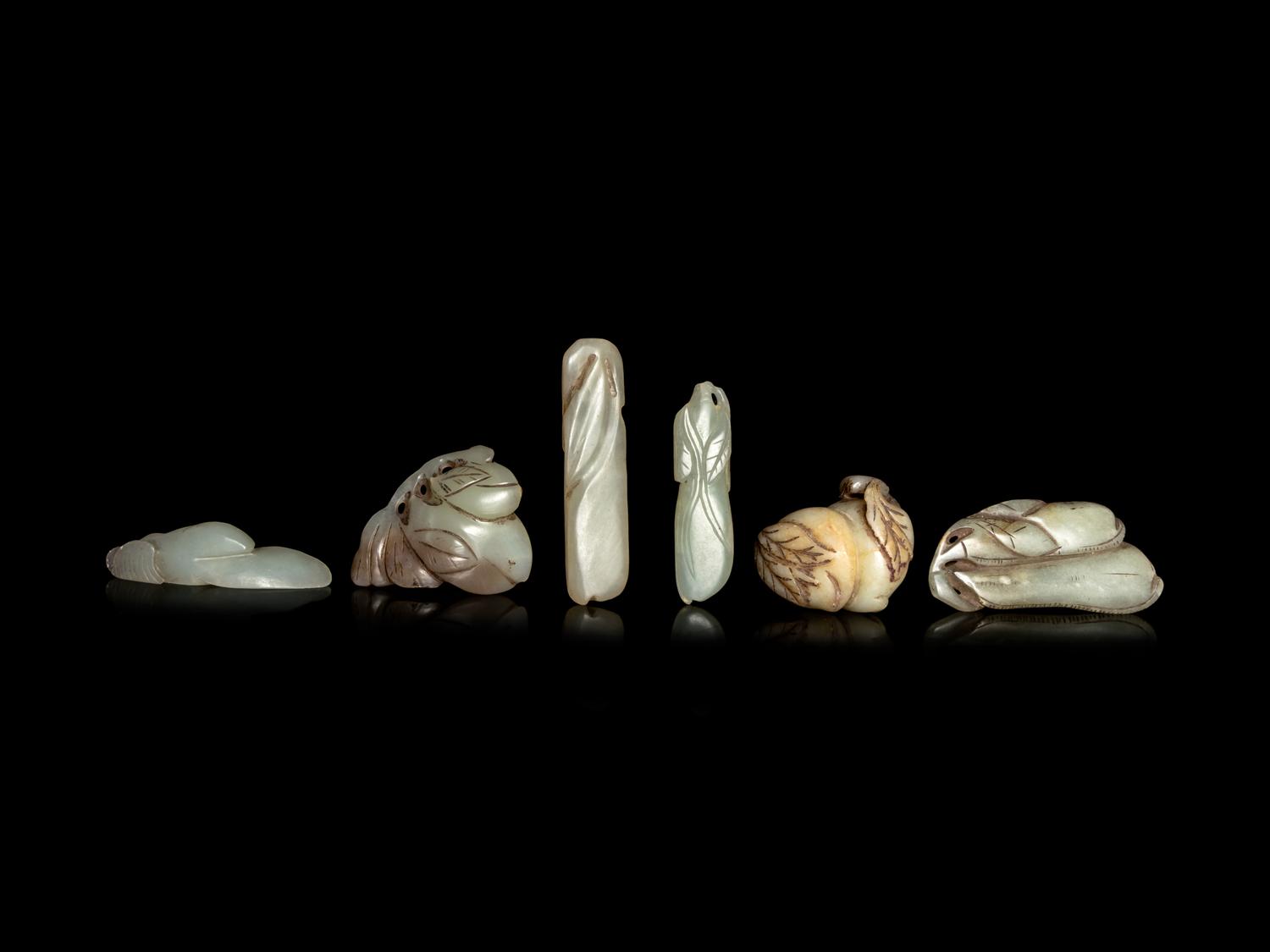 Six Chinese Celadon Jade Carvings of Aubergines