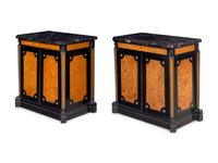 A Pair of Russian Empire Gilt Metal Mounted Ebonized and Burlwood Marble-Top Side Cabinets
