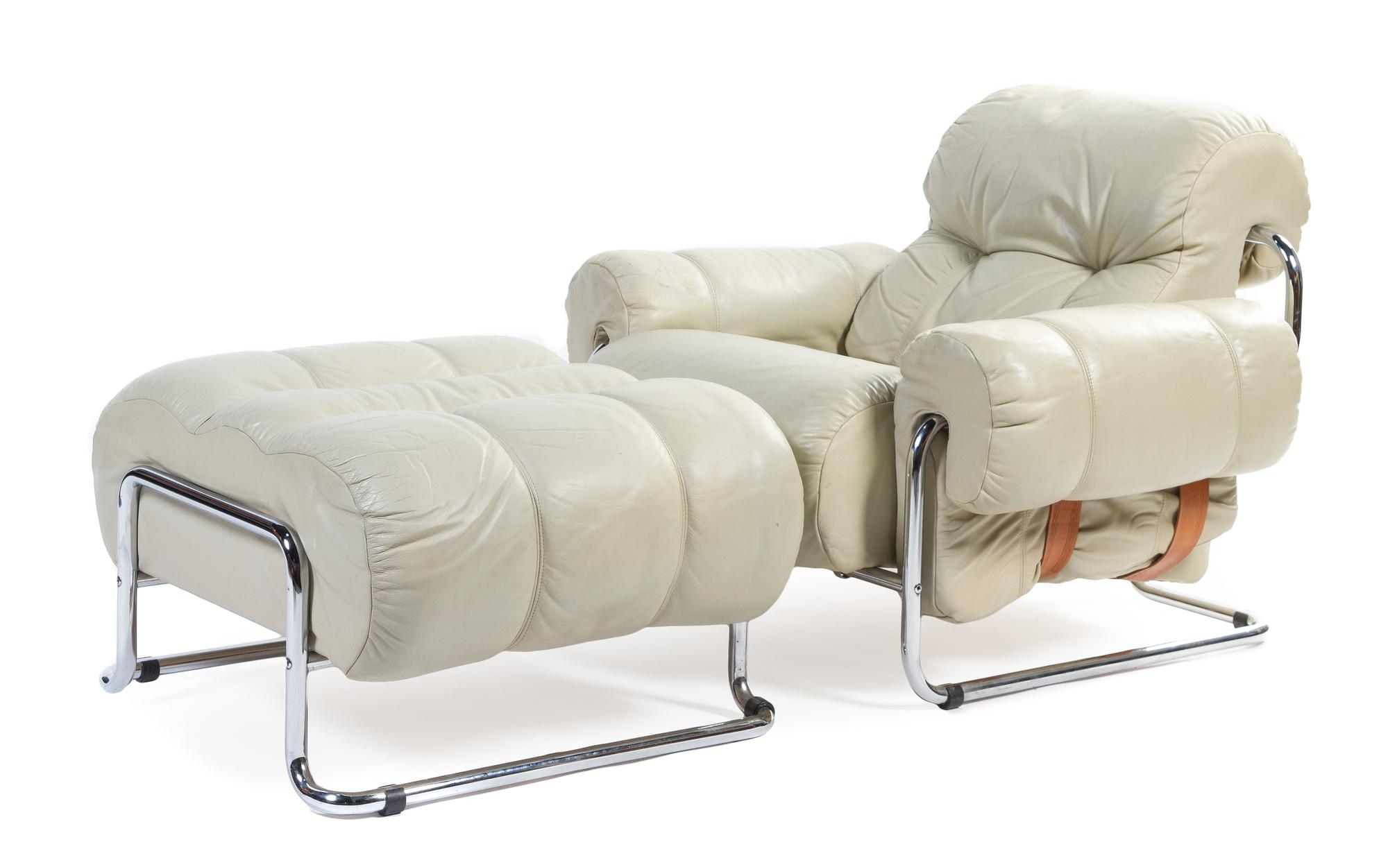 An Italian Chrome Plated Steel and Leather Lounge Chair and Ottoman, Guido Faleschini for Mariani Height of chair 29 inches. — CIRCA 1975
