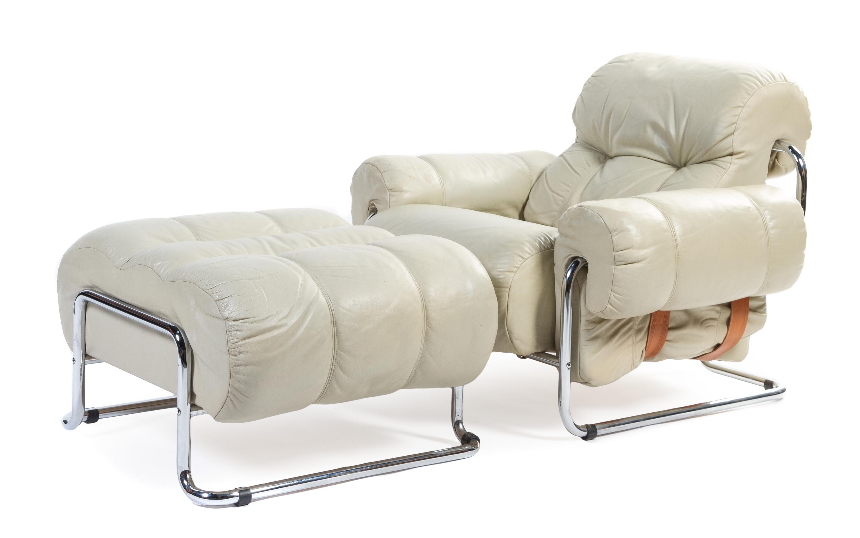 An Italian Chrome Plated Steel and Leather Lounge Chair and Ottoman, Guido Faleschini for Mariani Height of chair 29 inches. — CIRCA 1975
