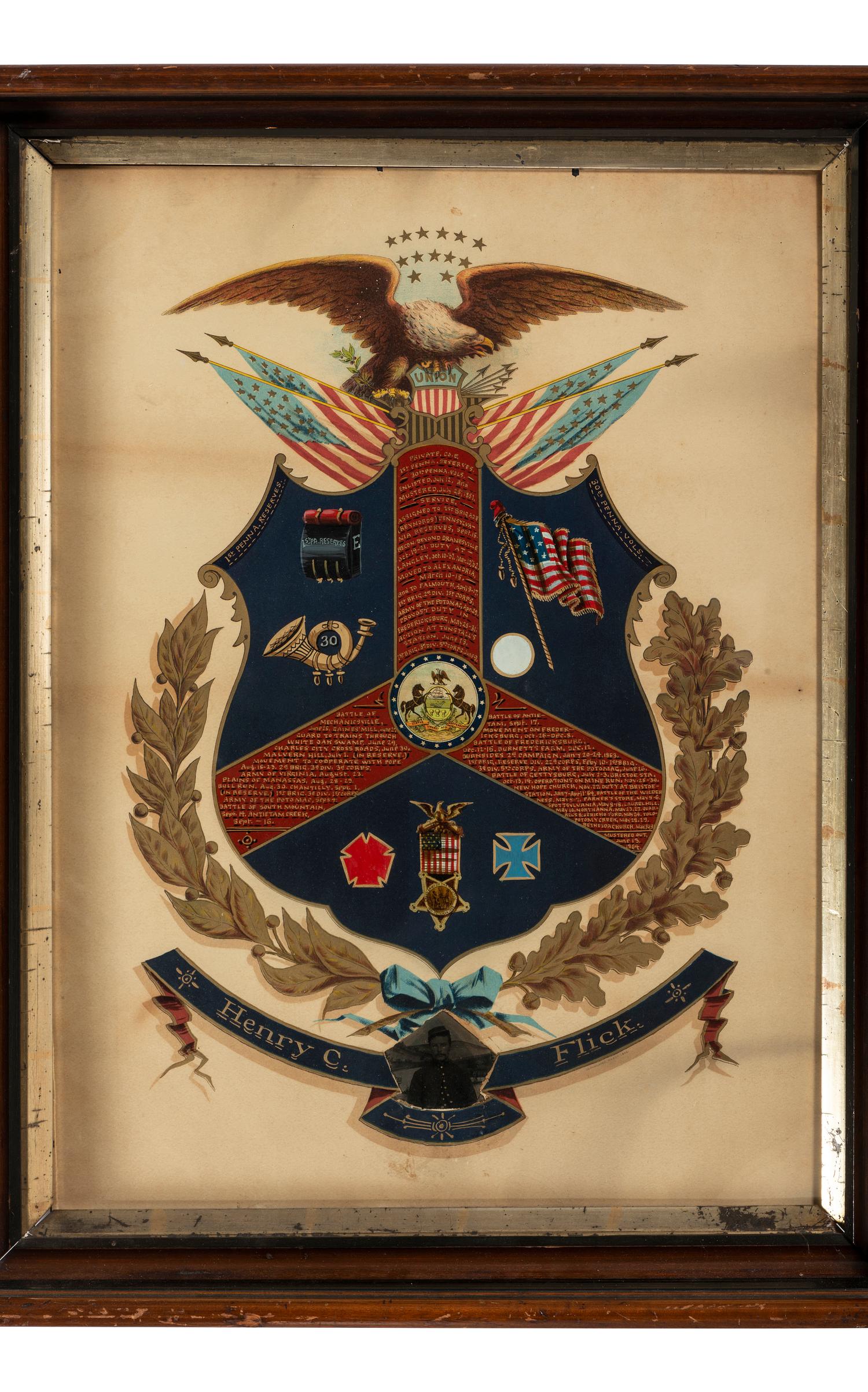 Henry C. Flick, 30th Pennsylvania Infantry Regiment (1st Pennsylvania Reserves). A group of 4 items highlighted by identified corps badge, comprising: