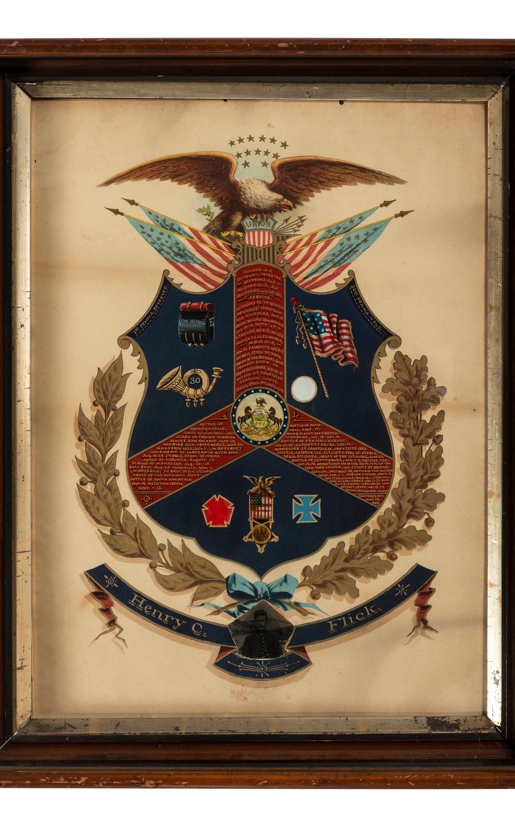 Henry C. Flick, 30th Pennsylvania Infantry Regiment (1st Pennsylvania Reserves). A group of 4 items highlighted by identified corps badge, comprising: