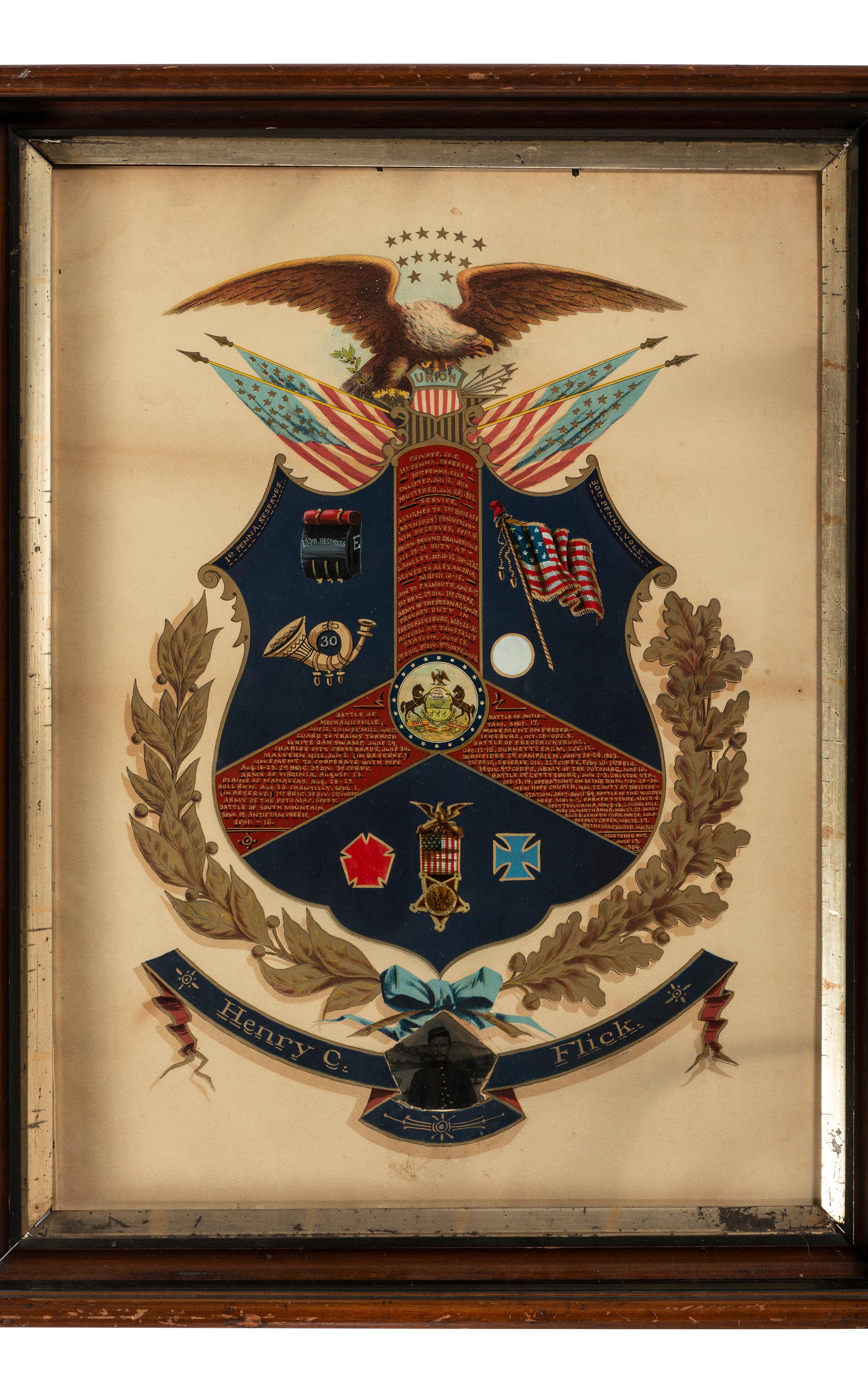 Henry C. Flick, 30th Pennsylvania Infantry Regiment (1st Pennsylvania Reserves). A group of 4 items highlighted by identified corps badge, comprising: