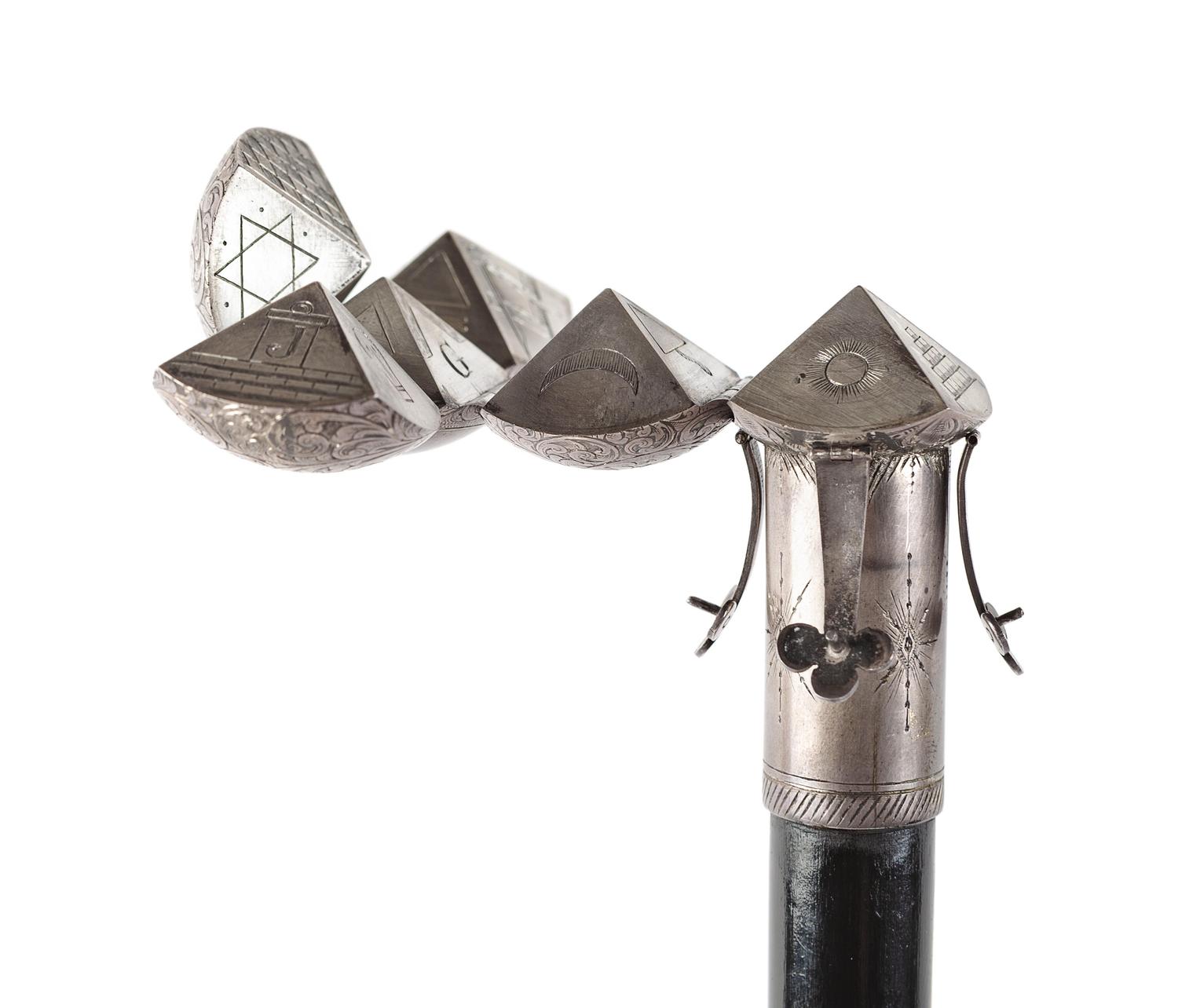 An English Silver-Plate Mounted and Ebonized Masonic Orb System Walking Stick