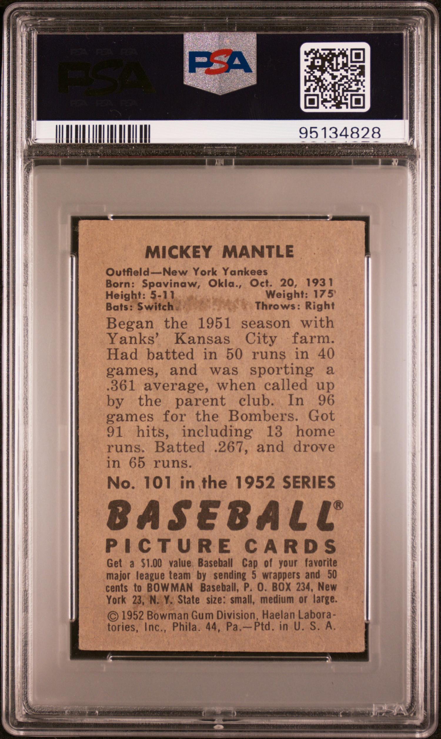 A 1952 Bowman Mickey Mantle Baseball Card No. 101 (PSA 3 VG)