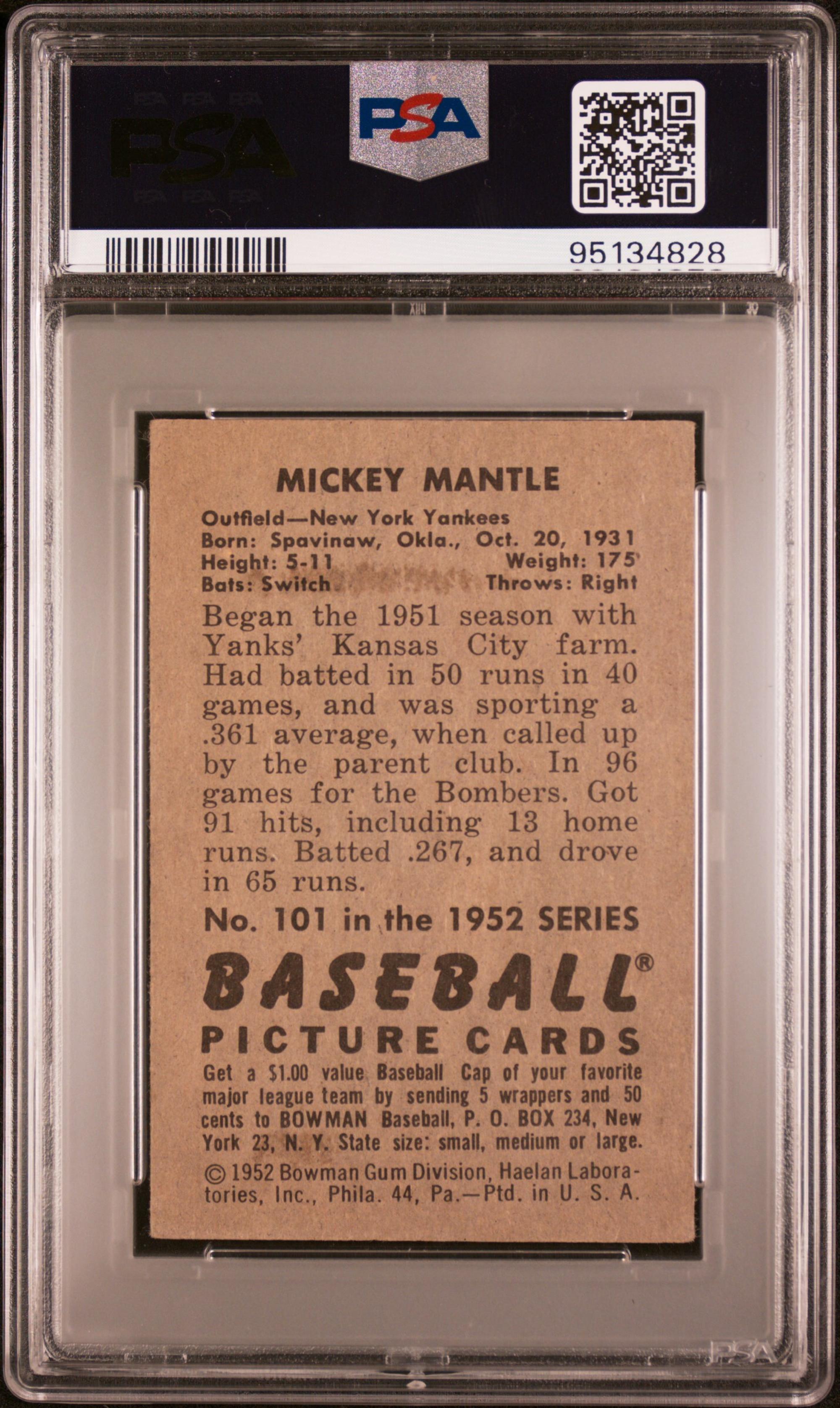 A 1952 Bowman Mickey Mantle Baseball Card No. 101 (PSA 3 VG)