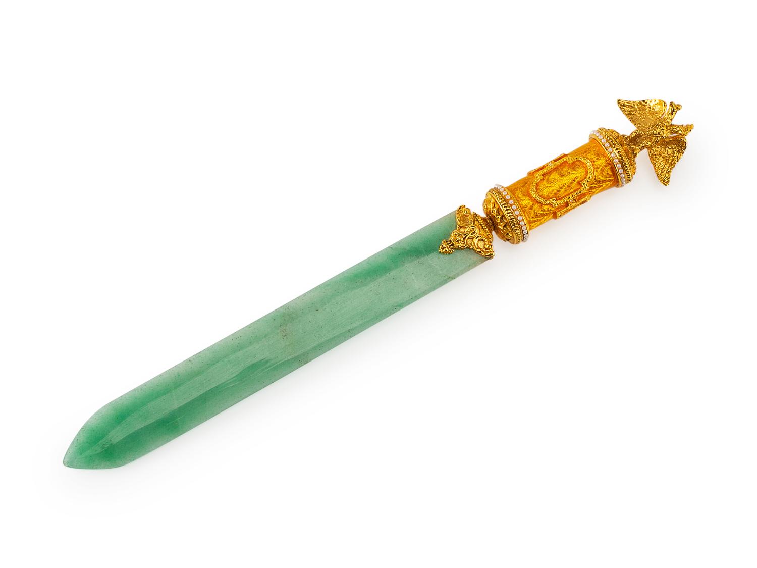 A Russian Enameled Gilt Metal and Jadeite Paper Knife