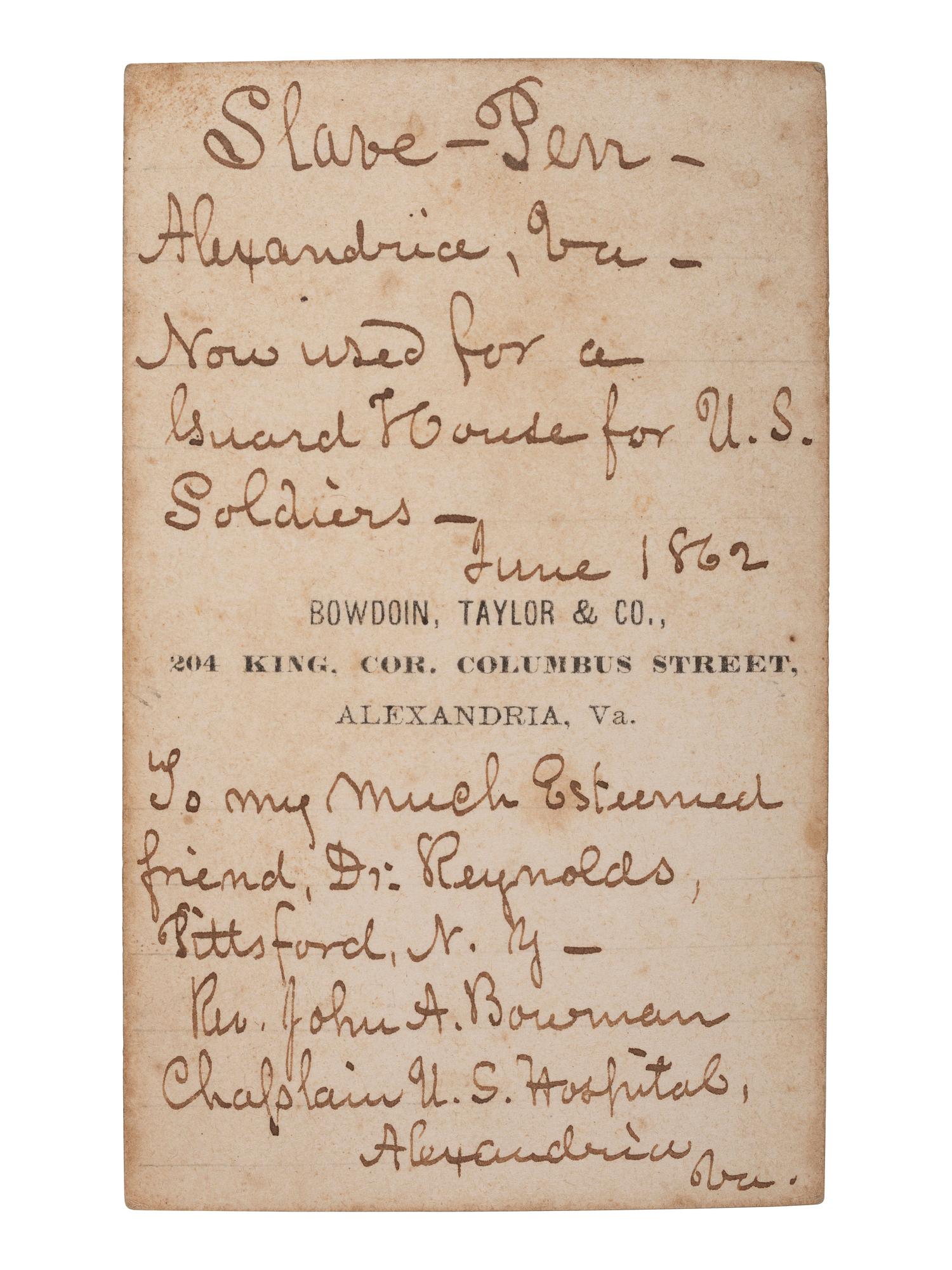 [CIVIL WAR -- ENSLAVEMENT]. CDV of a slave pen "Now used for a Guard House for U. S. Soldiers." Alexandria, VA: Bowdoin, Taylor & Co., ca 1862.