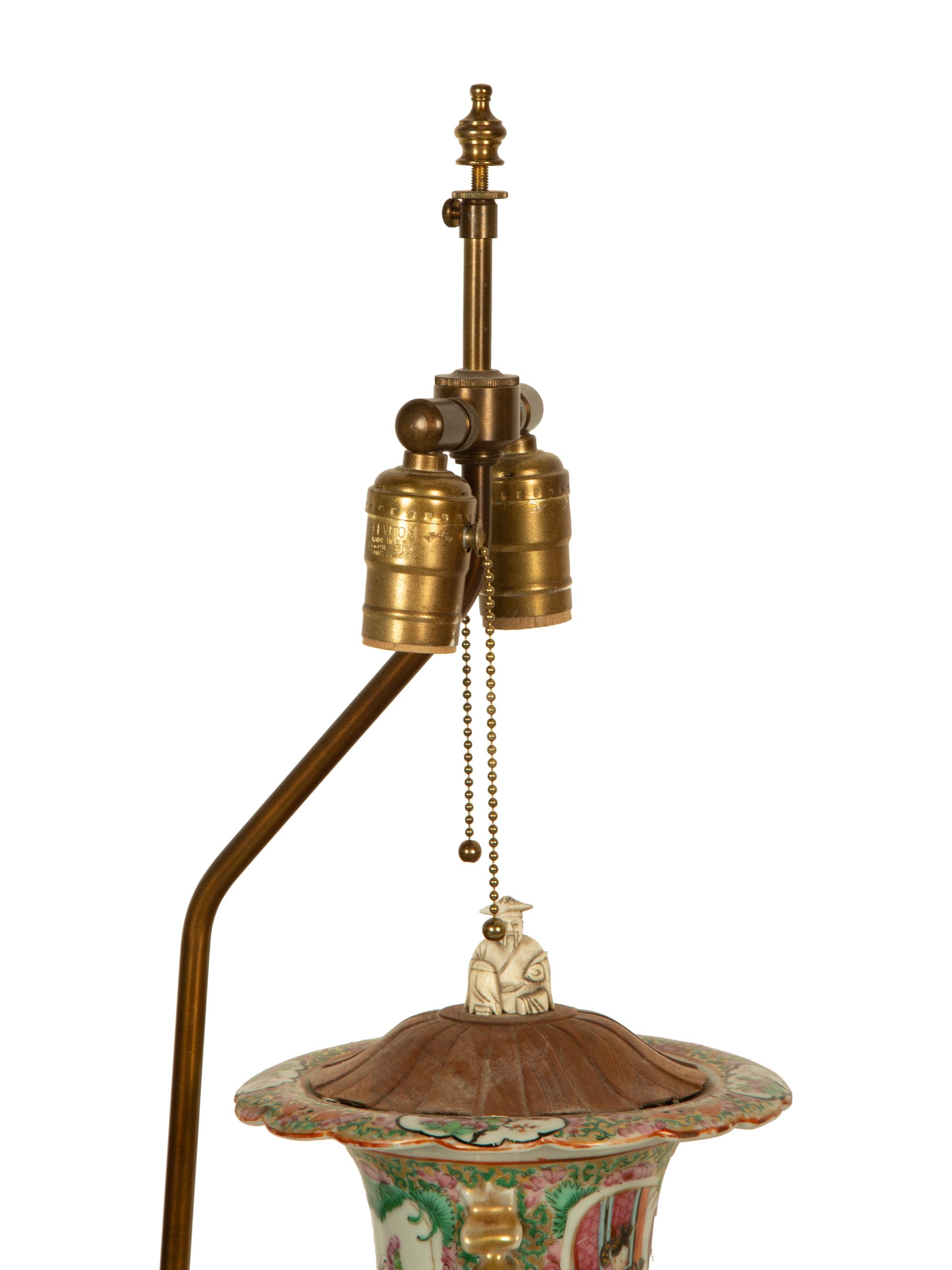 A Pair of Chinese Rose Medallion Porcelain Vases Mounted on Brass Lamp Stands
