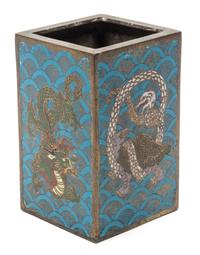 A Cloisonne Enamel Square Brush Pot Height 6 1/8 inches.