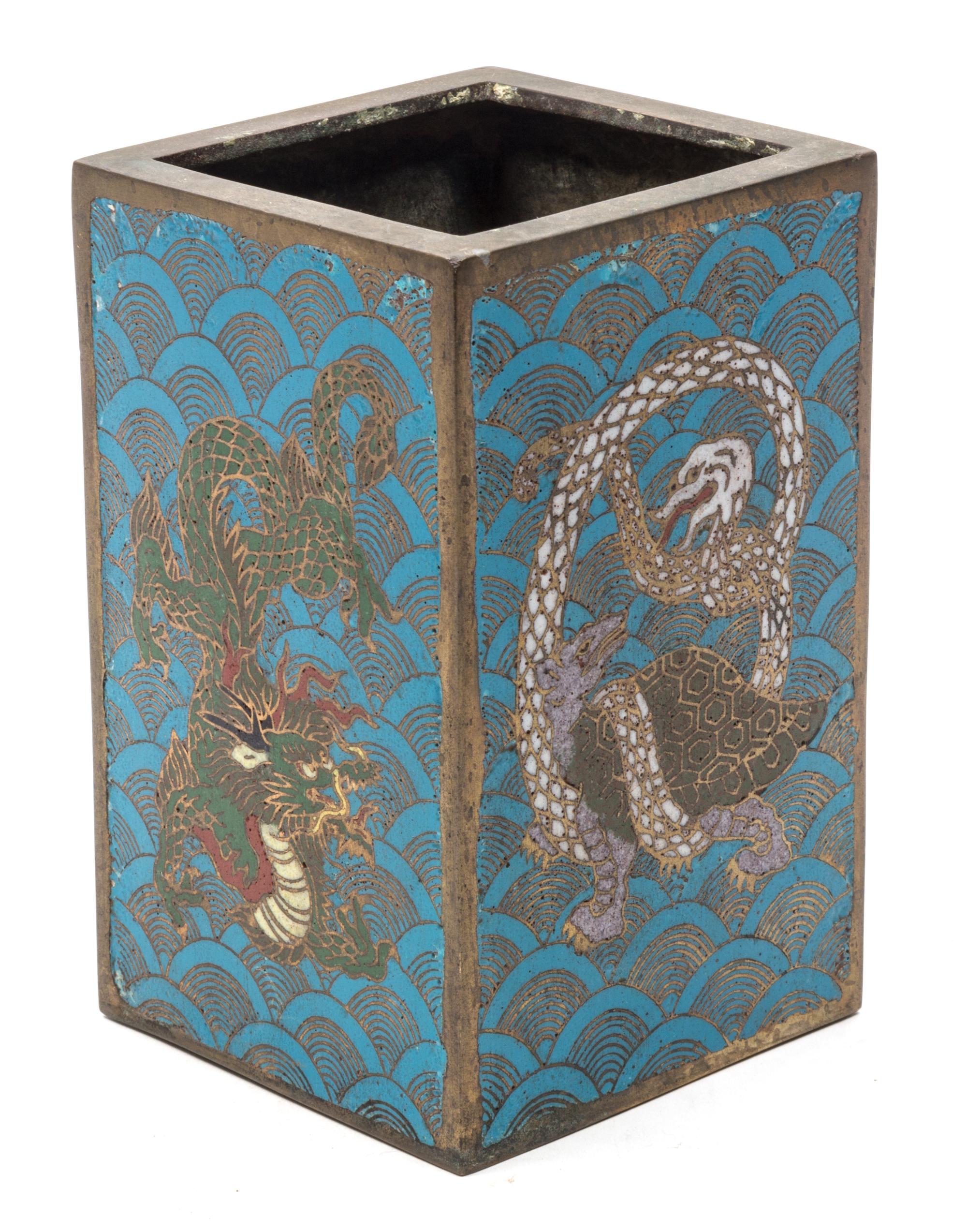 A Cloisonne Enamel Square Brush Pot Height 6 1/8 inches.