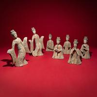 A Group of Seven Chinese Painted Pottery Figures of Musicians and Dancers, Sui-Tang Dynasty — 隋-唐 彩繪陶伎樂舞俑一組七件