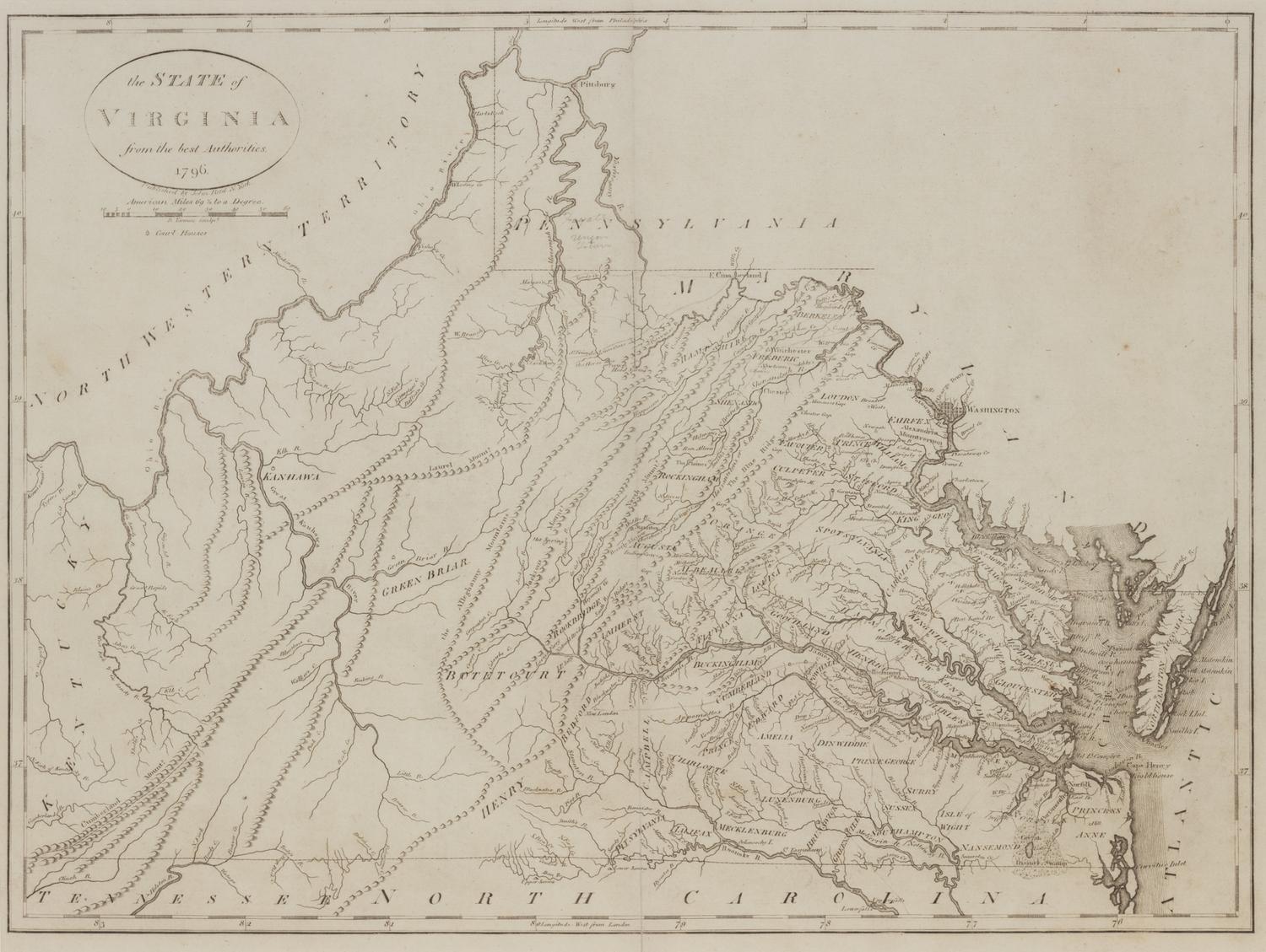 [MAP]. REID, John (fl. ca 1775-1800). The State of Virginia from the best Authorities . New York, 1796.