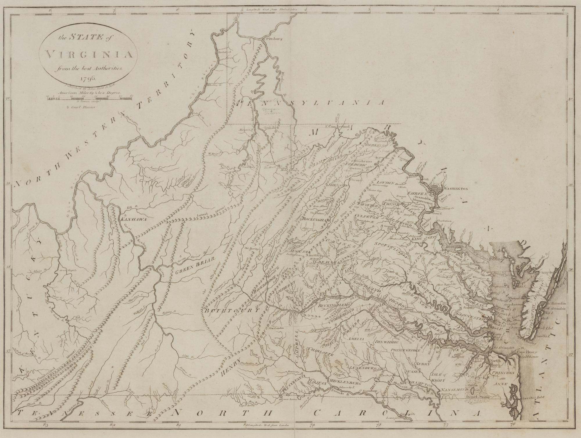 [MAP]. REID, John (fl. ca 1775-1800). The State of Virginia from the best Authorities . New York, 1796.
