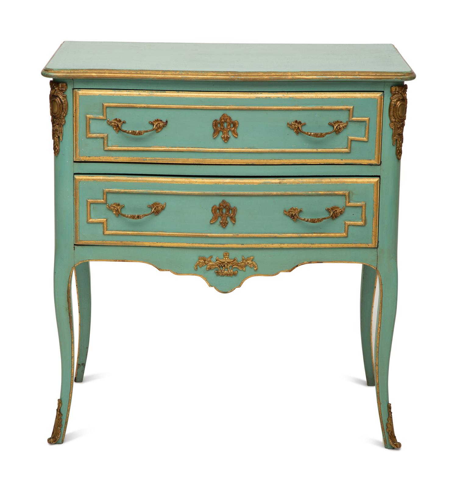 A Louis XV Style Painted and Parcel Gilt Commode