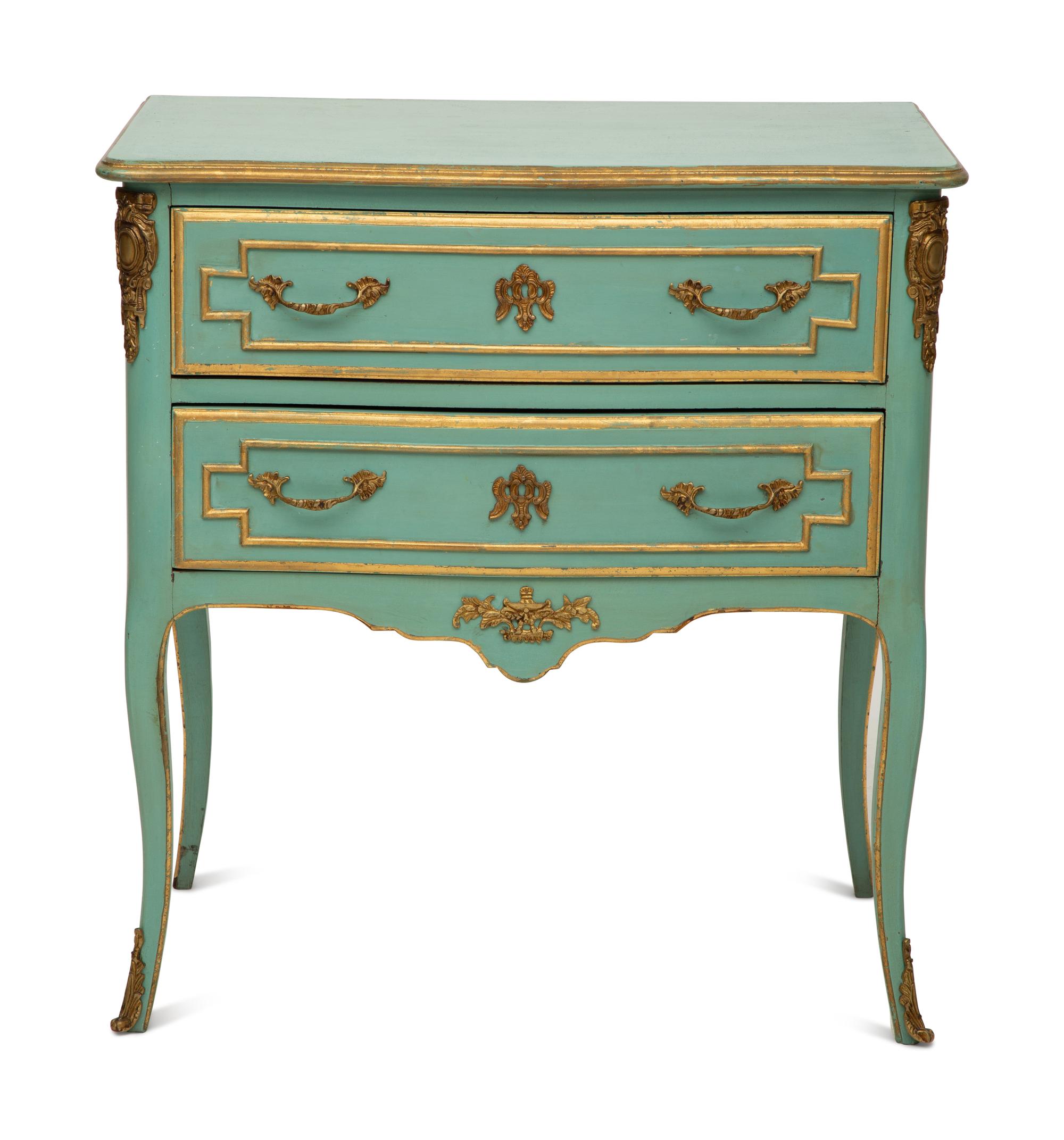 A Louis XV Style Painted and Parcel Gilt Commode